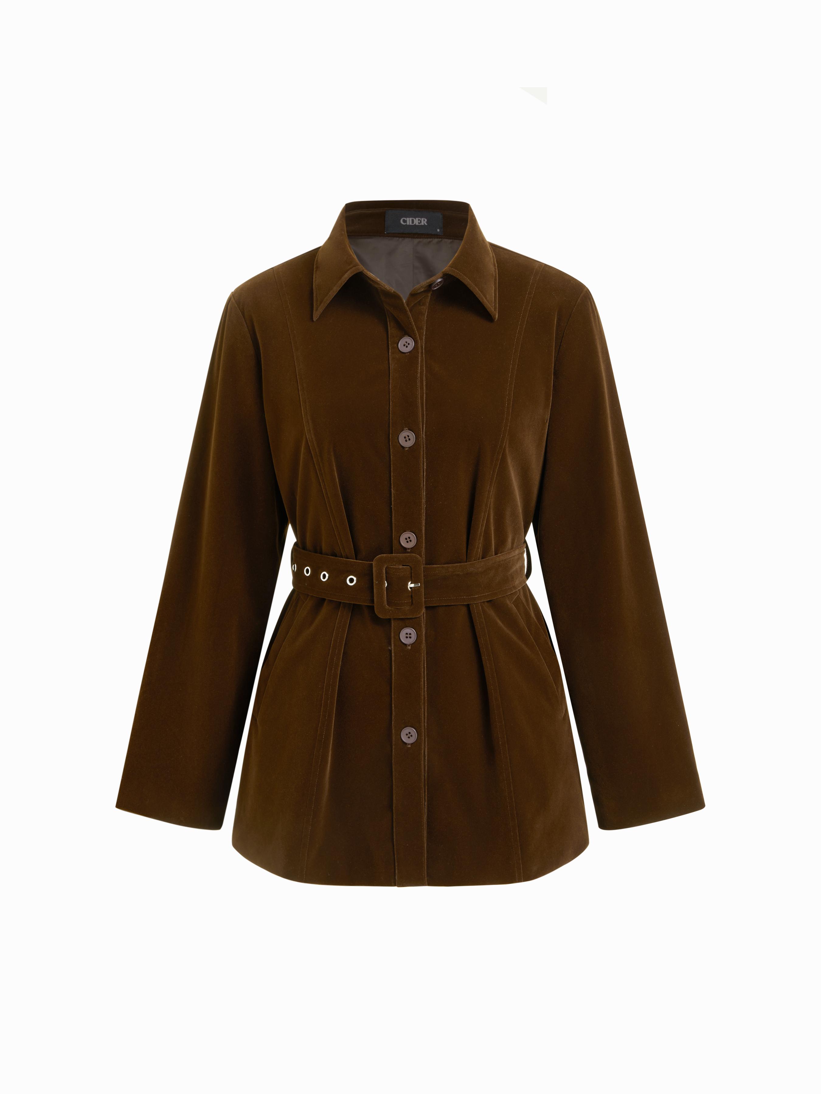 Suede Collar Long Sleeve Jacket With Belt by CIDER