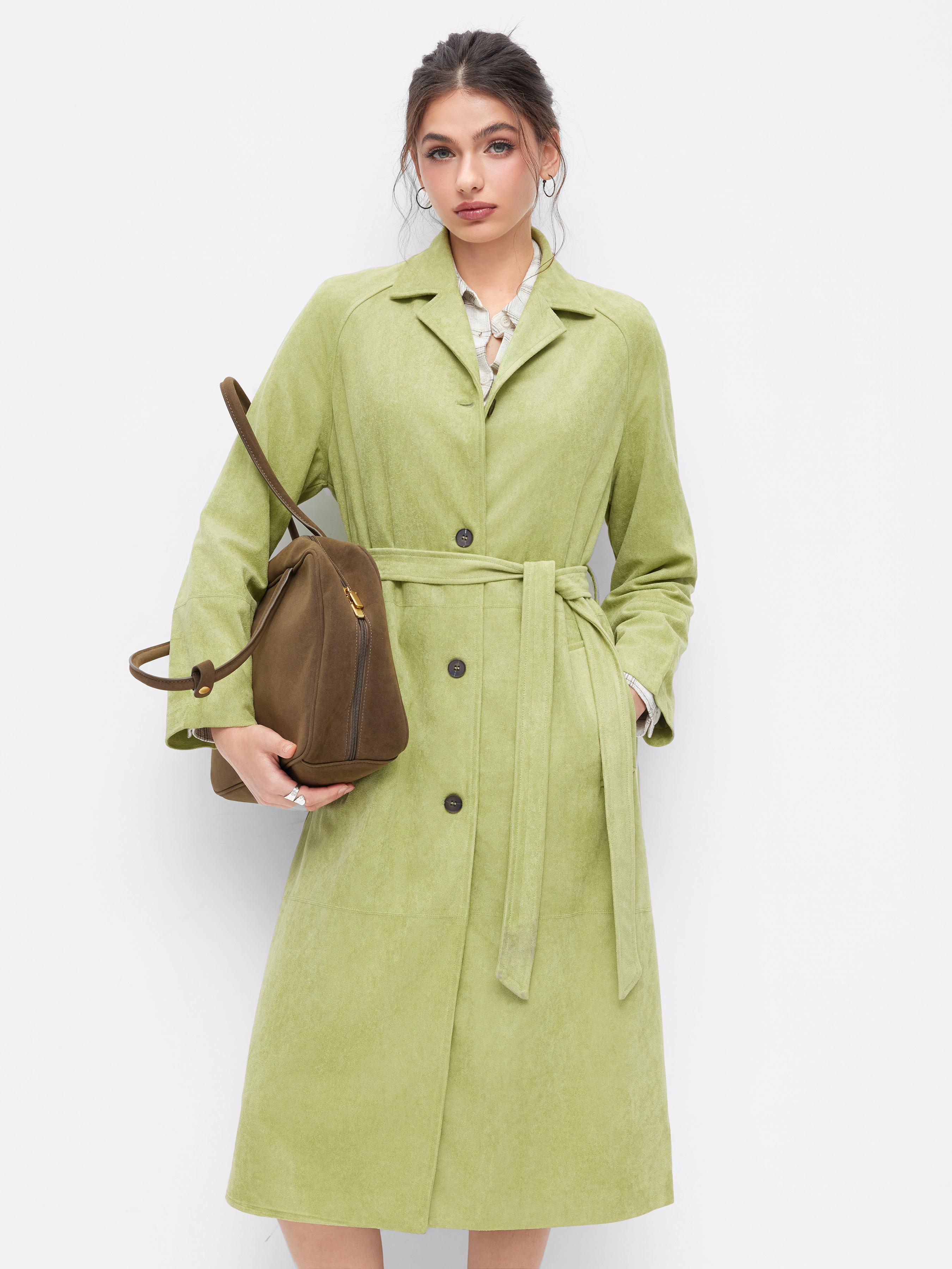 Suede Collar Long Sleeve Trench Coat With Belt by CIDER Suede Collar Long Sleeve Trench Coat With Belt by CIDER