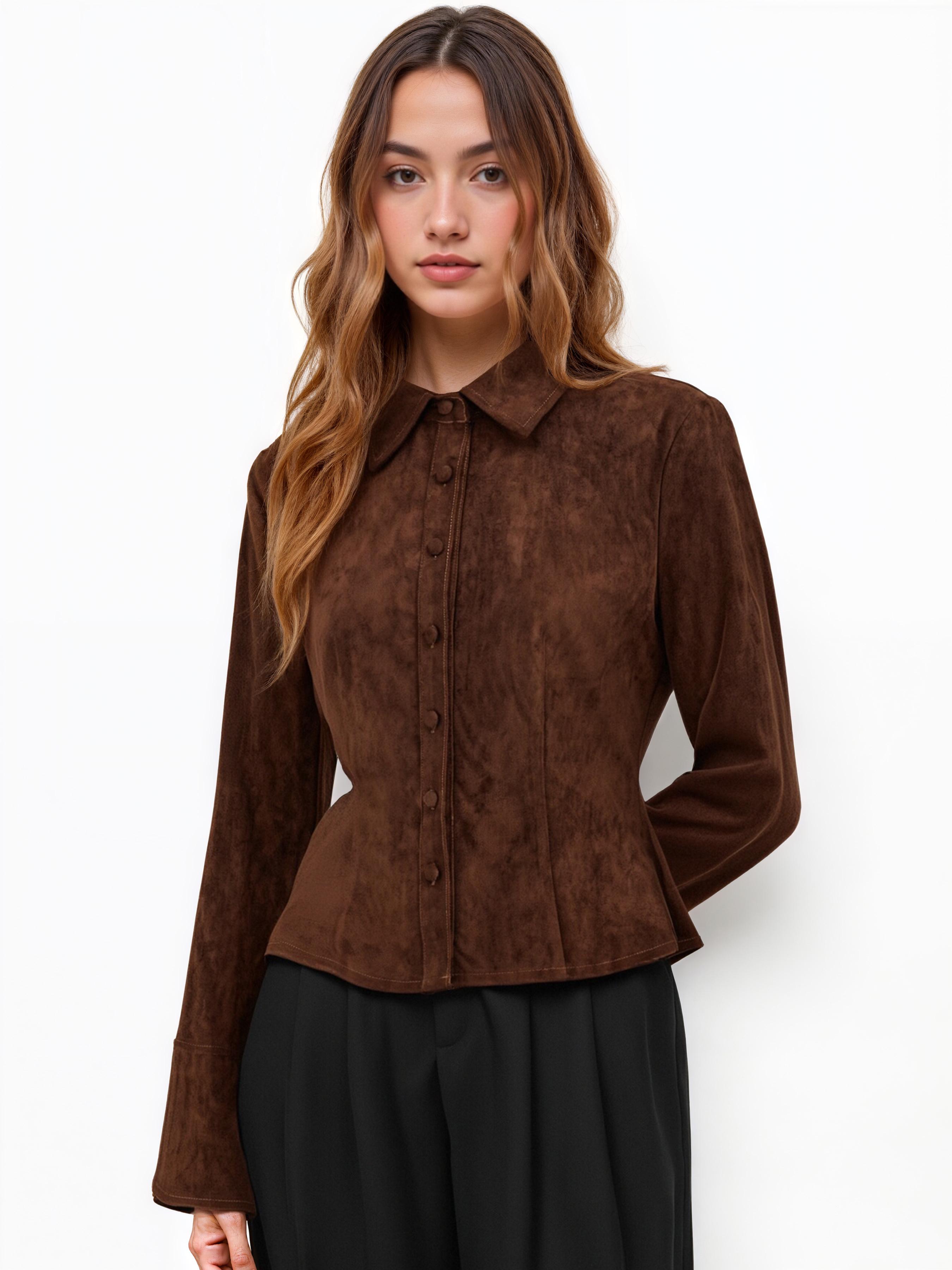 Suede Collar Pleated Bell Sleeve Blouse by CIDER
