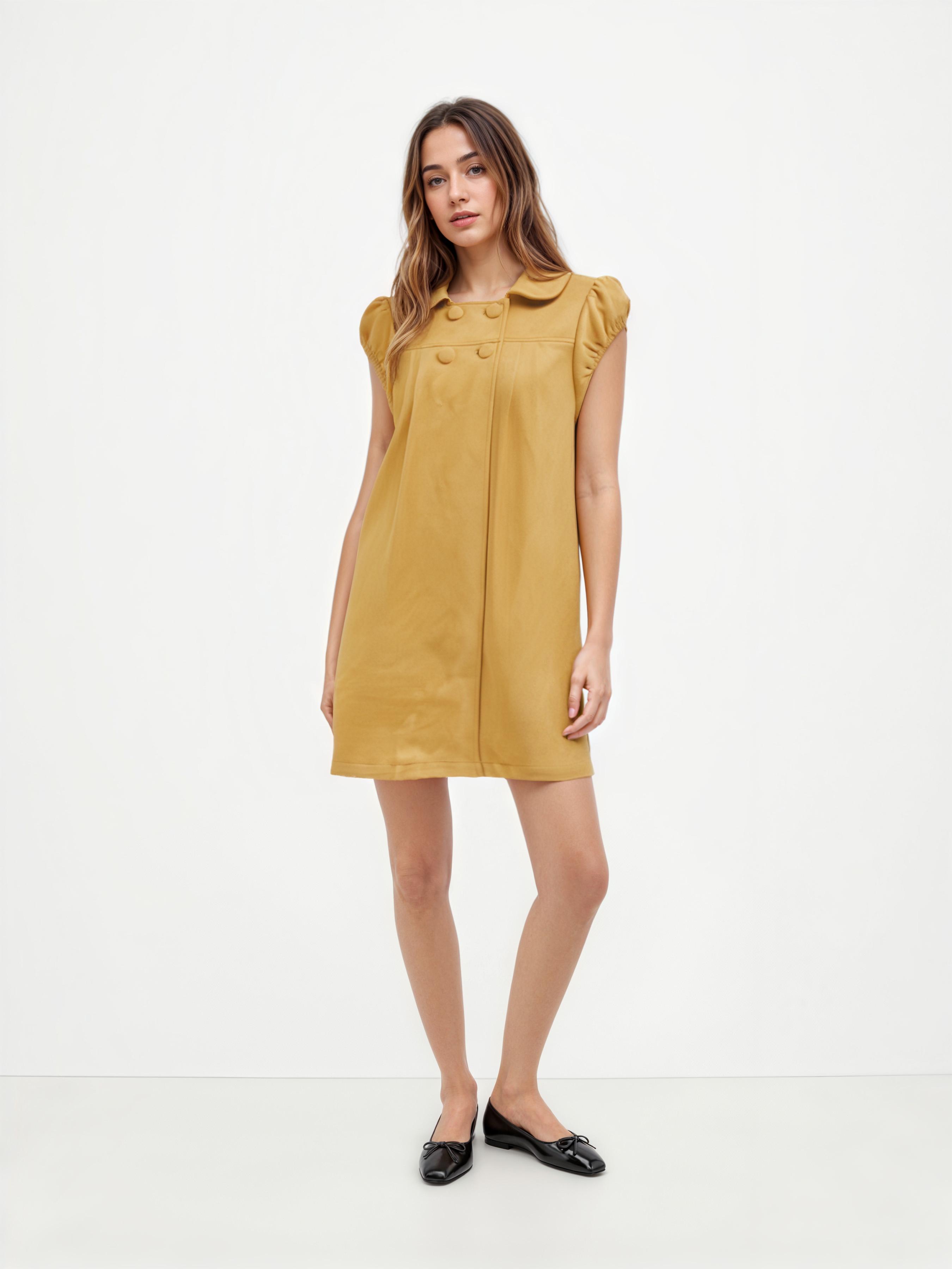 Suede Collar Puff Short Sleeve Button Mini Dress by CIDER