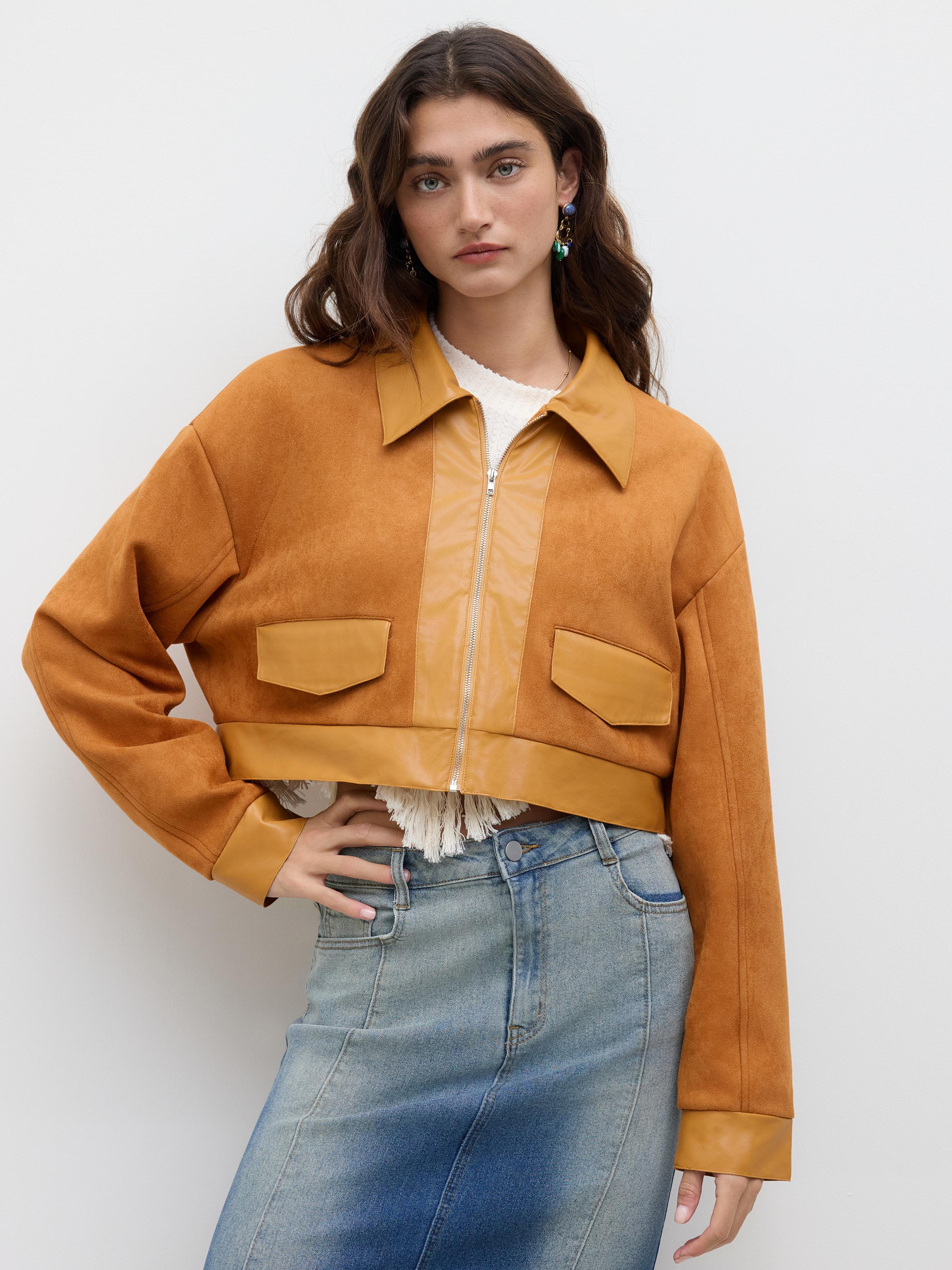 Suede Collar Zip Through Crop Jacket by CIDER