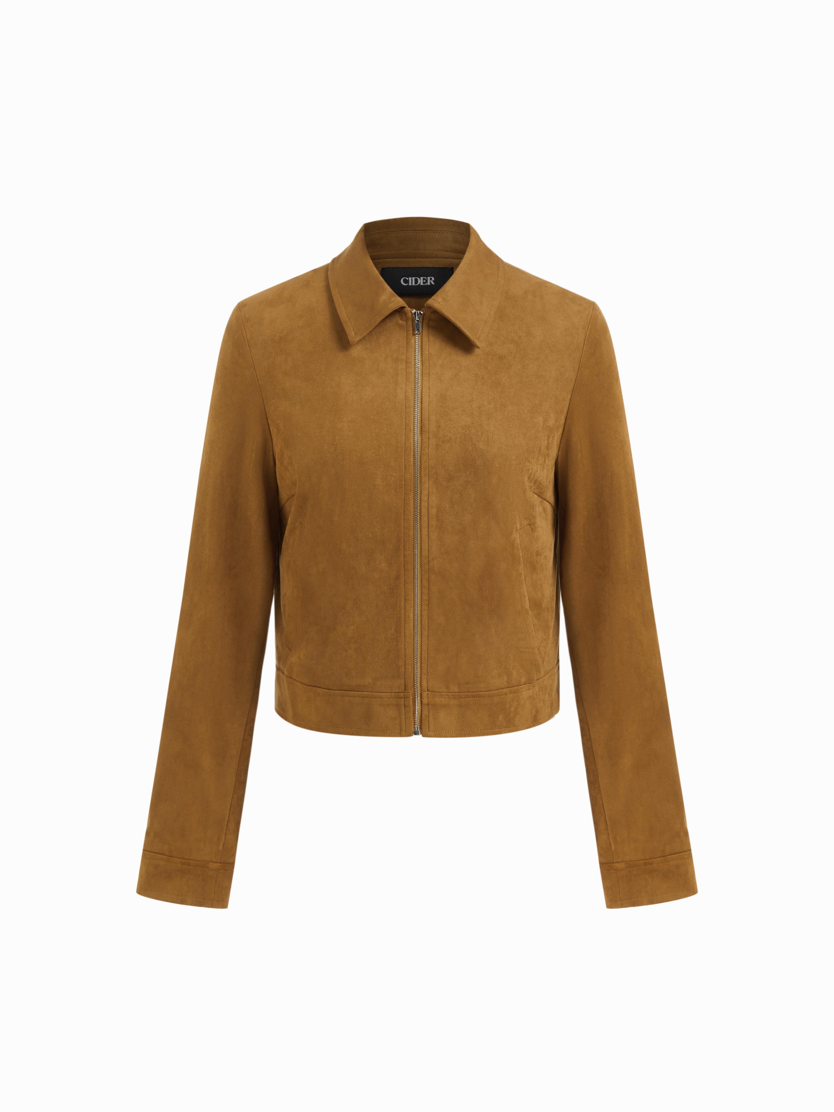 Suede Collar Zip Through Long Sleeve Jacket by CIDER
