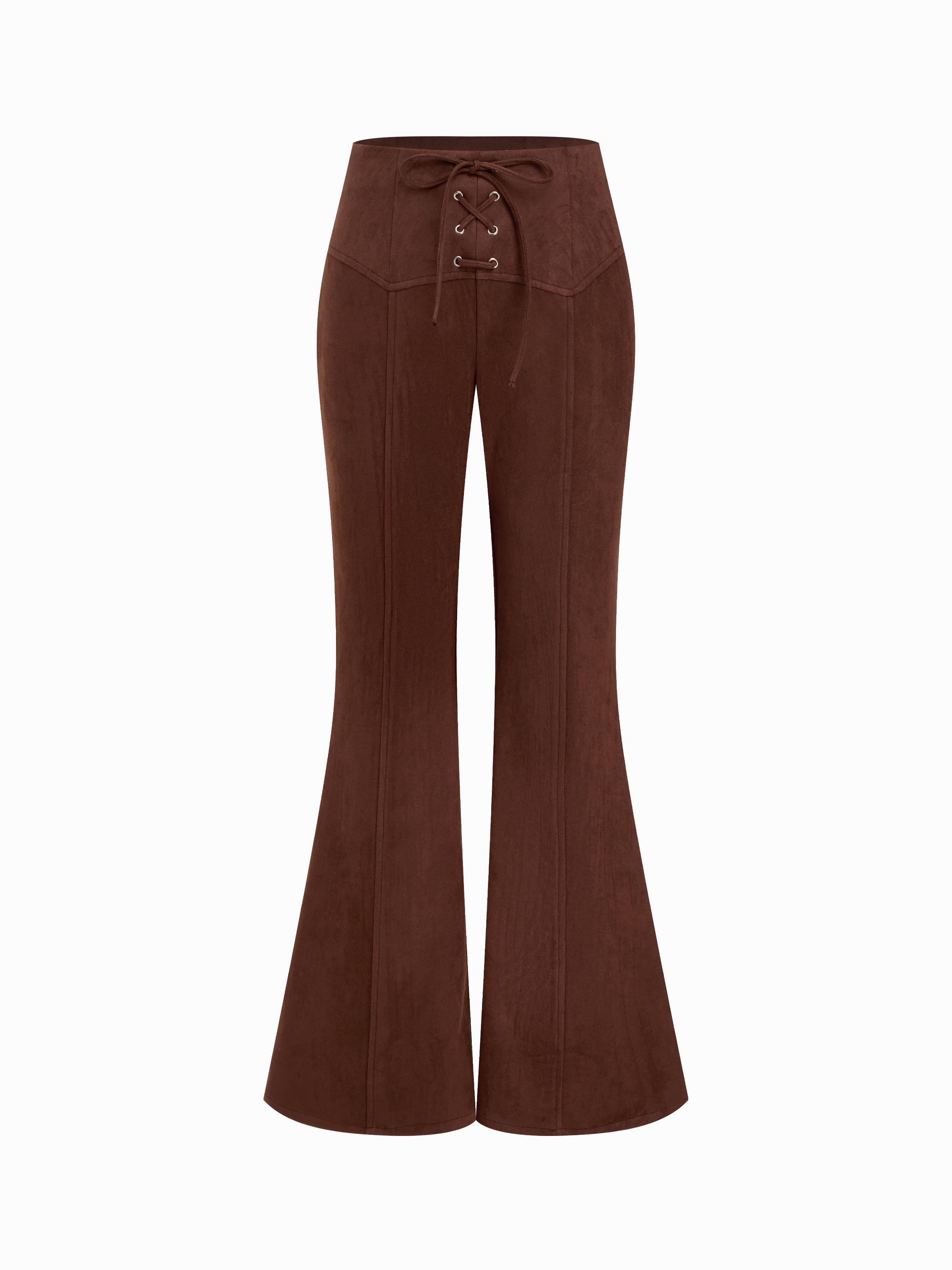 Suede High Rise Lace Up Tie Front Flared Trousers by CIDER