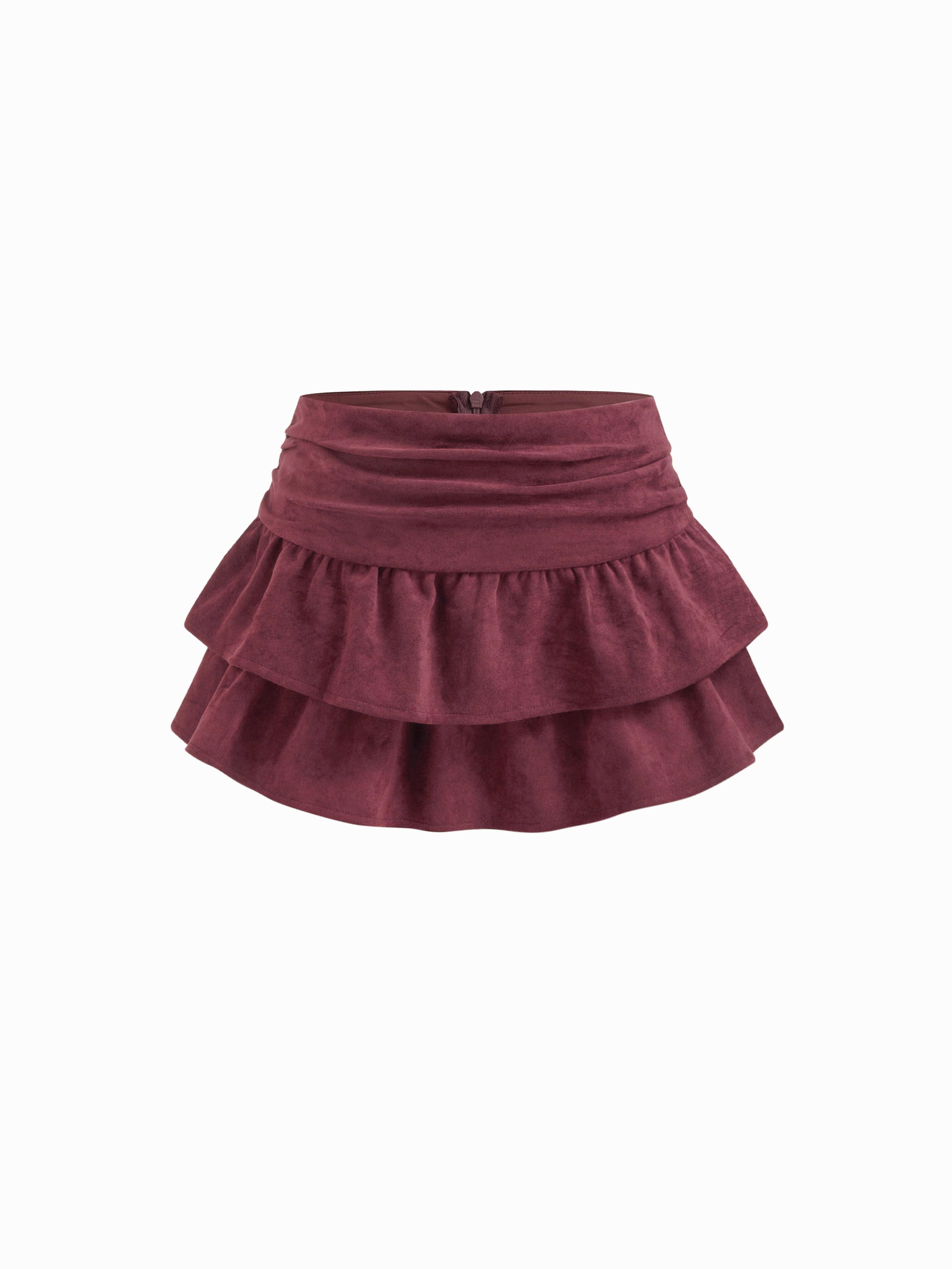 Suede Low Rise Ruched Layered Mini Skirt by CIDER