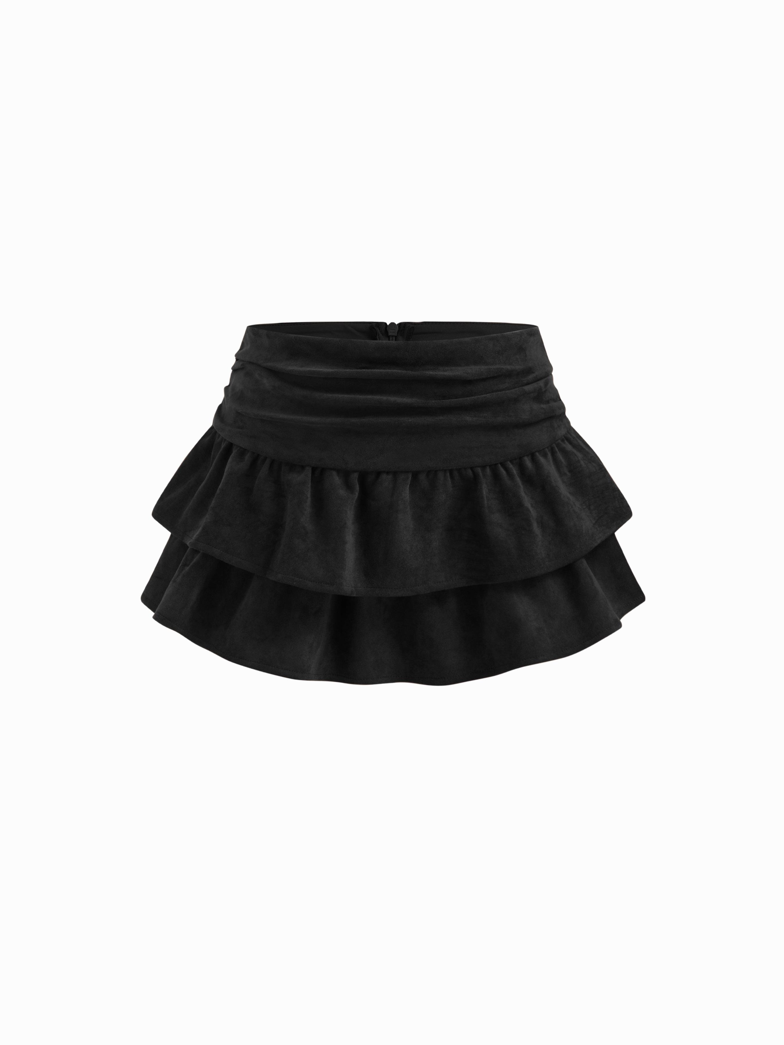 Suede Low Rise Ruched Layered Mini Skirt by CIDER