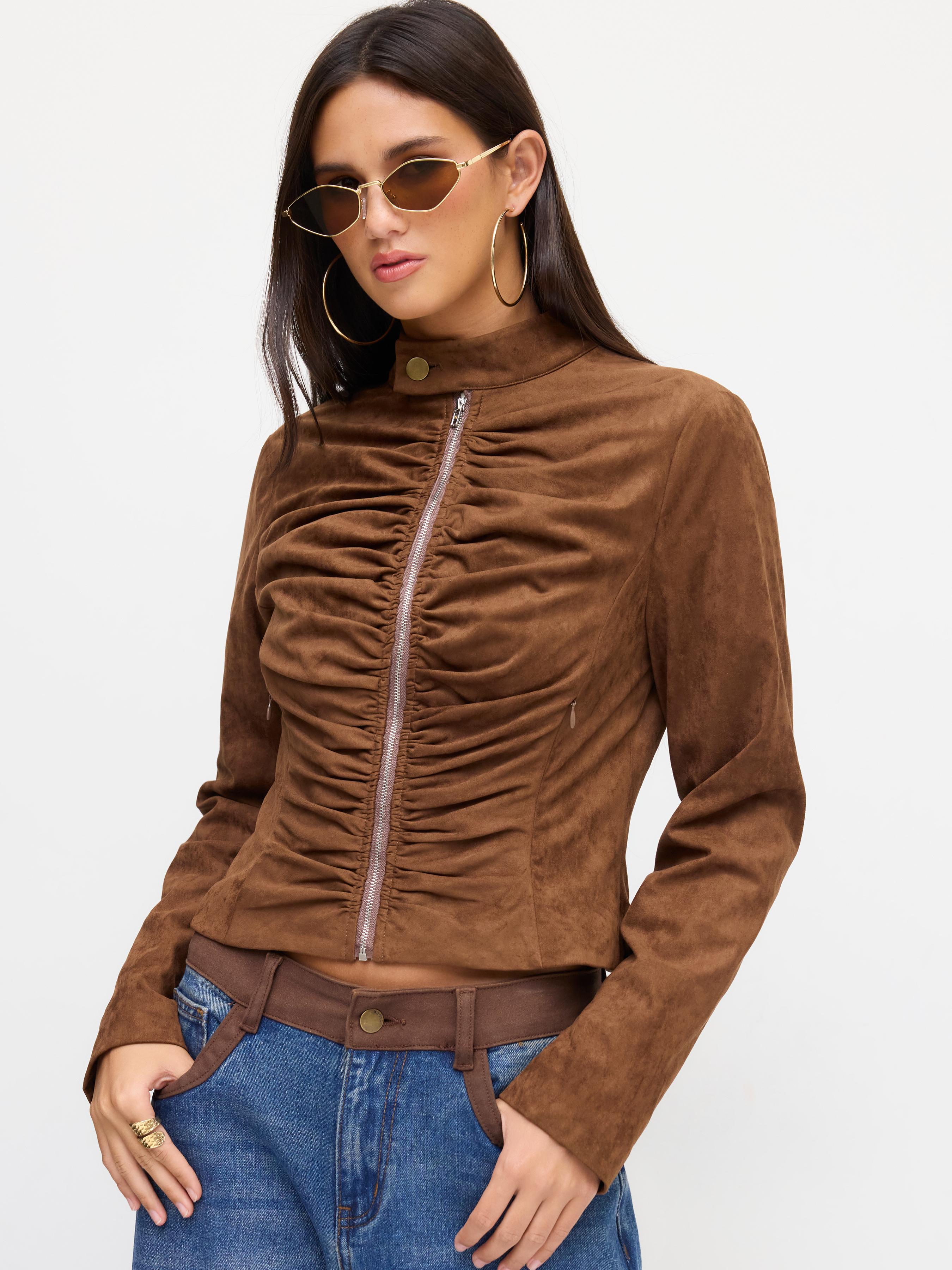 Suede Mandarin Collar Metal Button Zip Through Ruched Jacket by CIDER