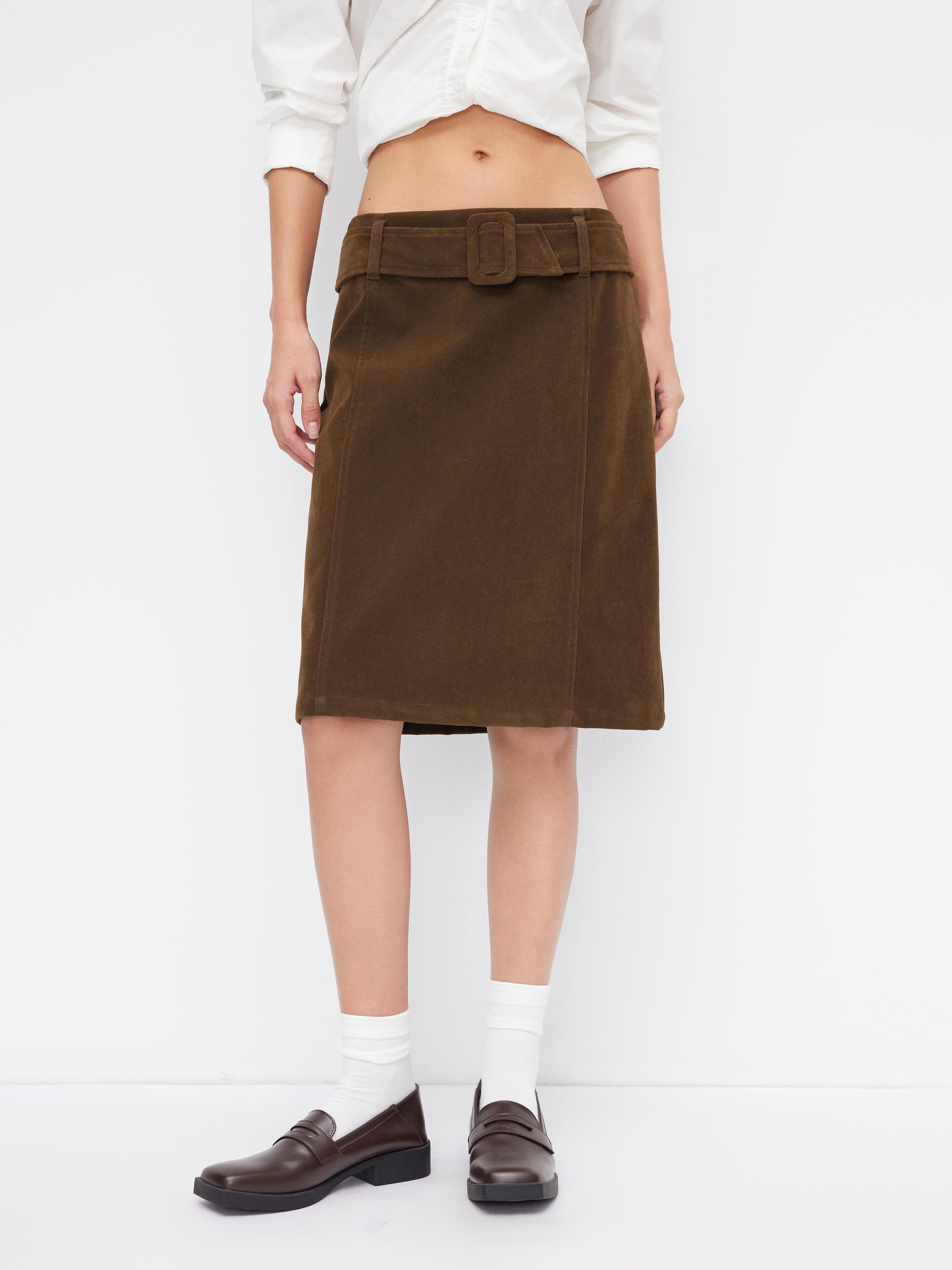 Suede Mid Rise A-line Midi Skirt With Belt by CIDER