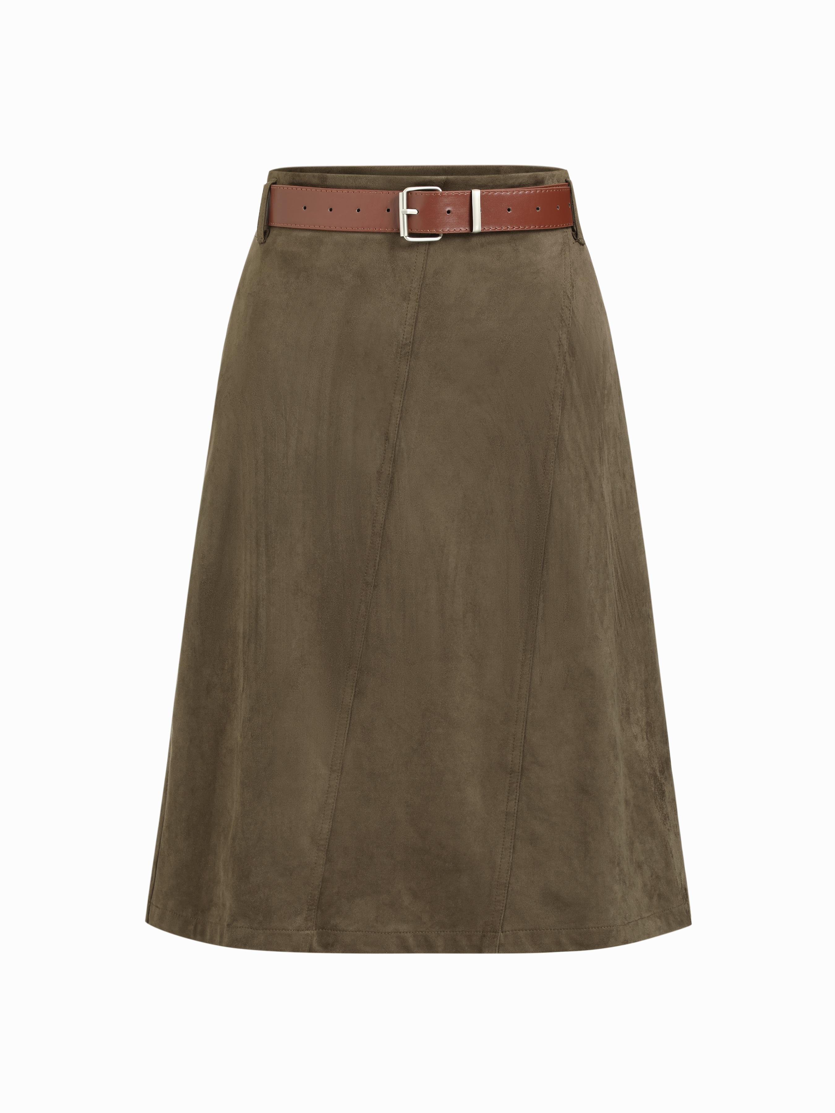 Suede Mid Rise A-line Midi Skirt With Belted by CIDER