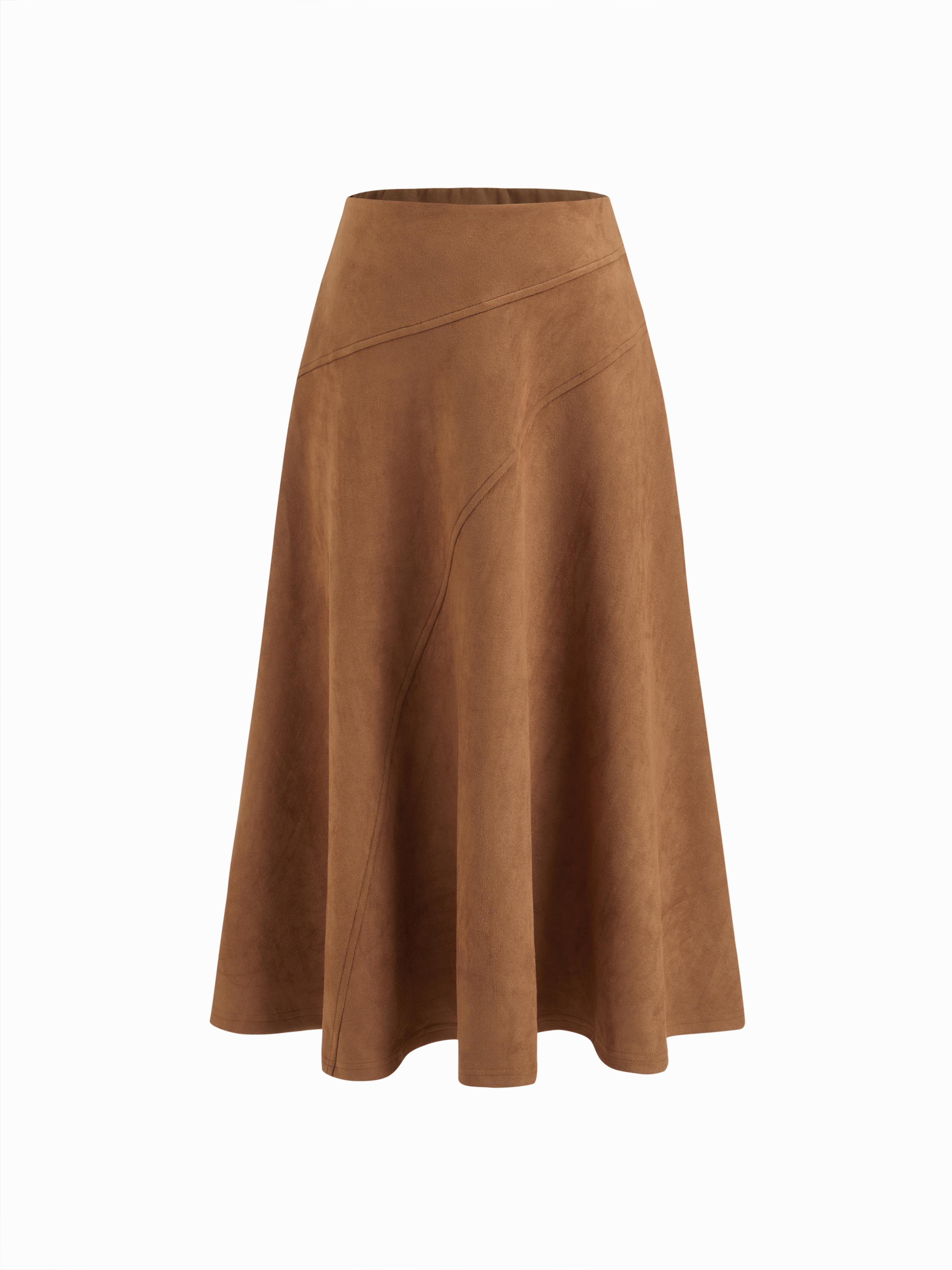 Suede Mid Rise Elastic Waist A-line Maxi Skirt by CIDER