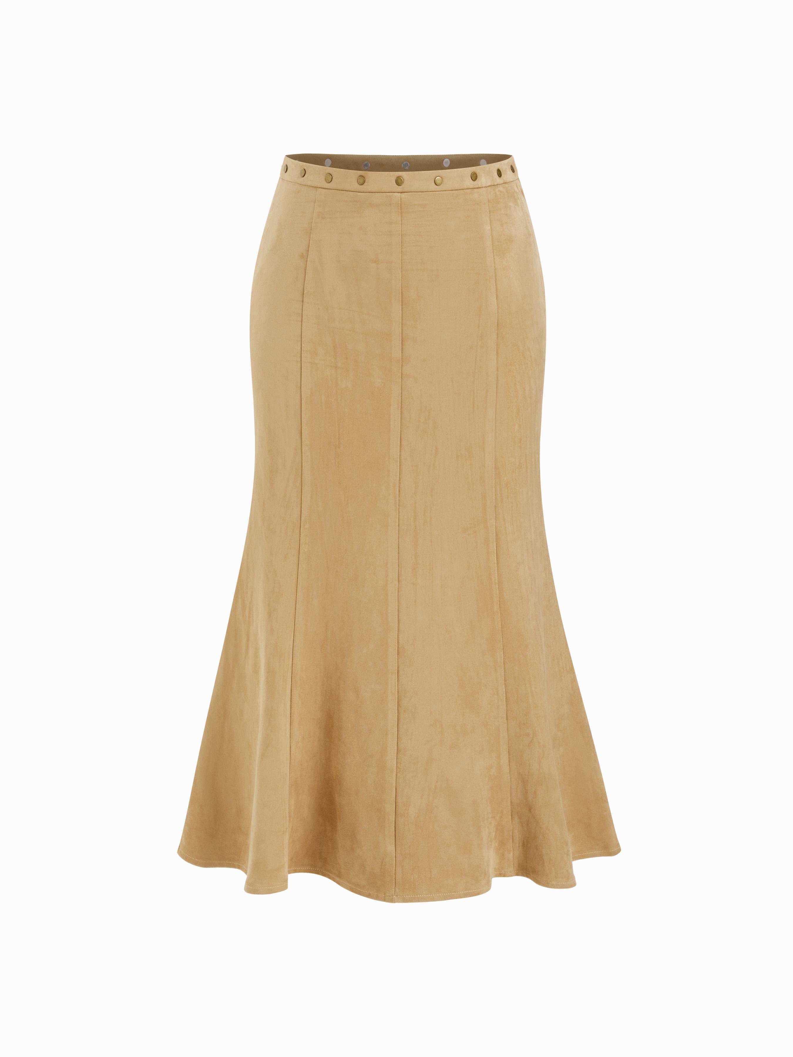 Suede Mid Rise Metal Detail Mermaid Midi Skirt by CIDER