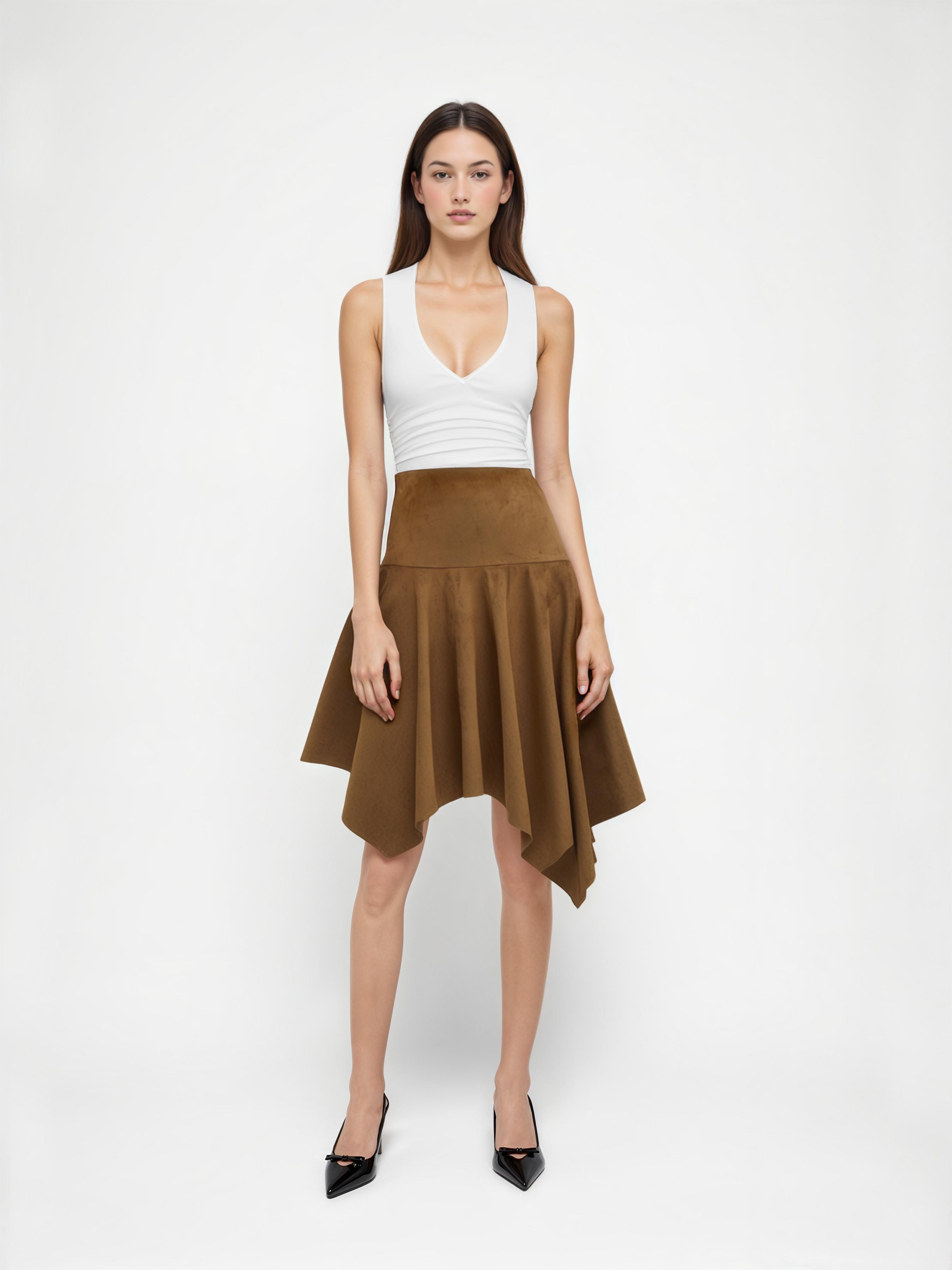 Suede Mid Rise Ruffle Hanky Hem Midi Skirt by CIDER