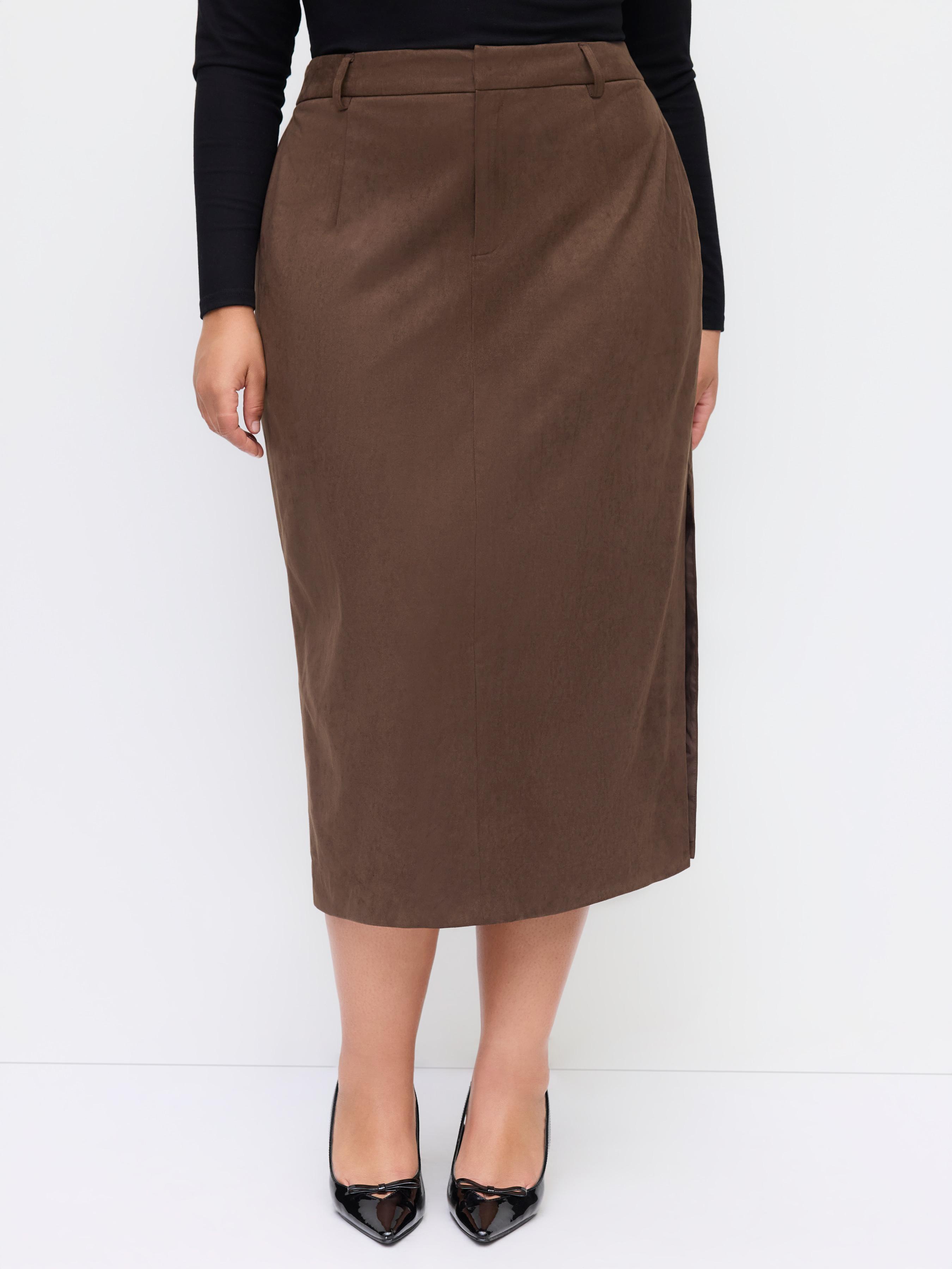 Suede Mid Rise Side Split Maxi Skirt Curve & Plus by CIDER