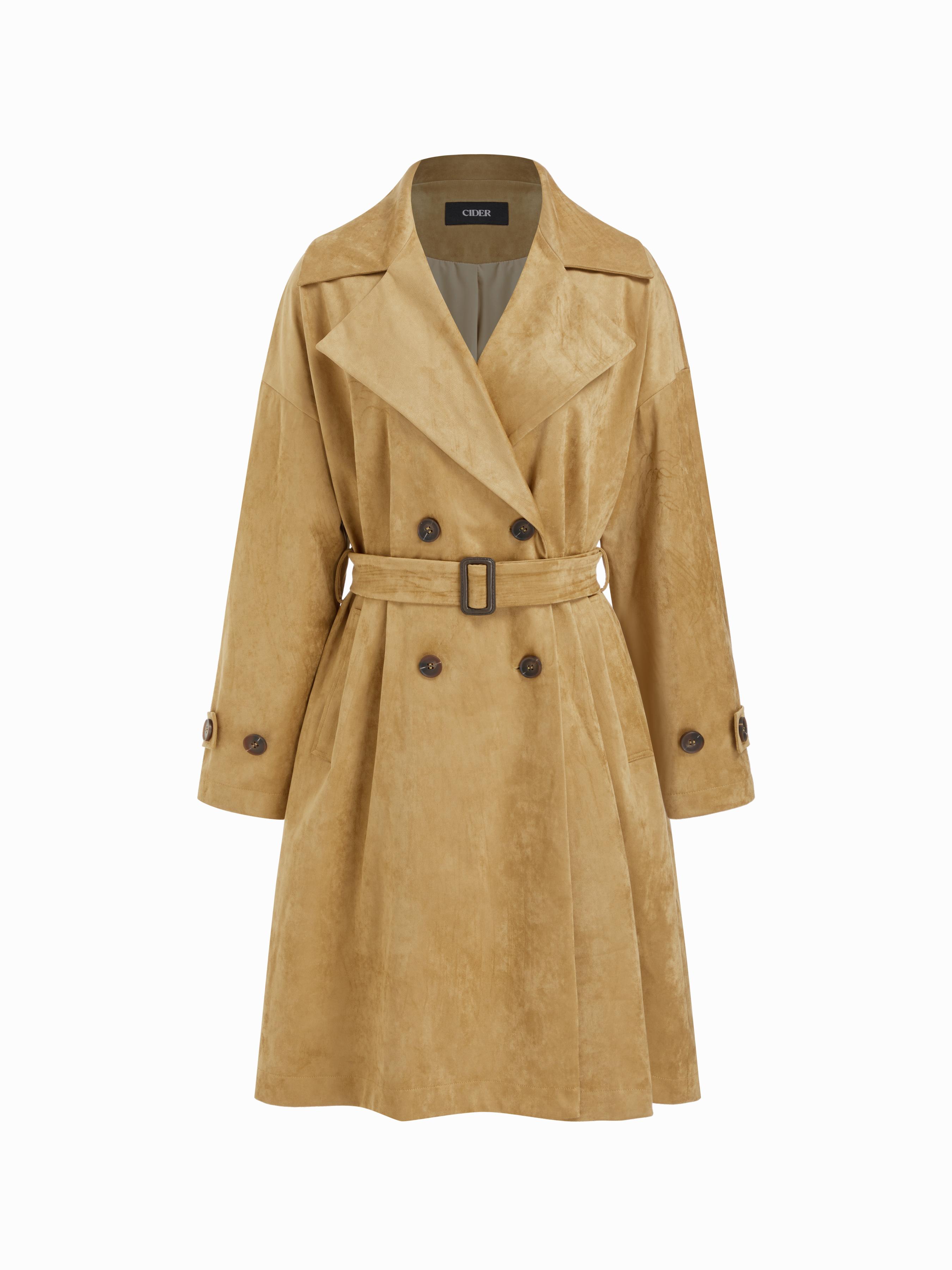 Suede Notched Collar Double Breasted Oversized Trench Coat With Belt by CIDER
