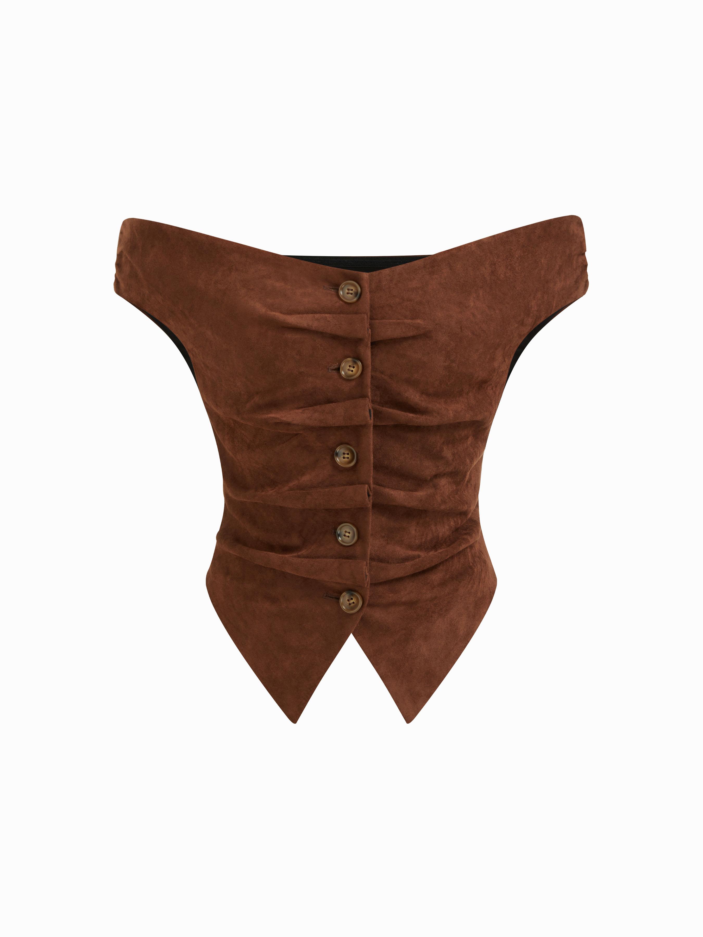 Suede Off-shoulder Ruched Asymmetrical Hem Top by CIDER