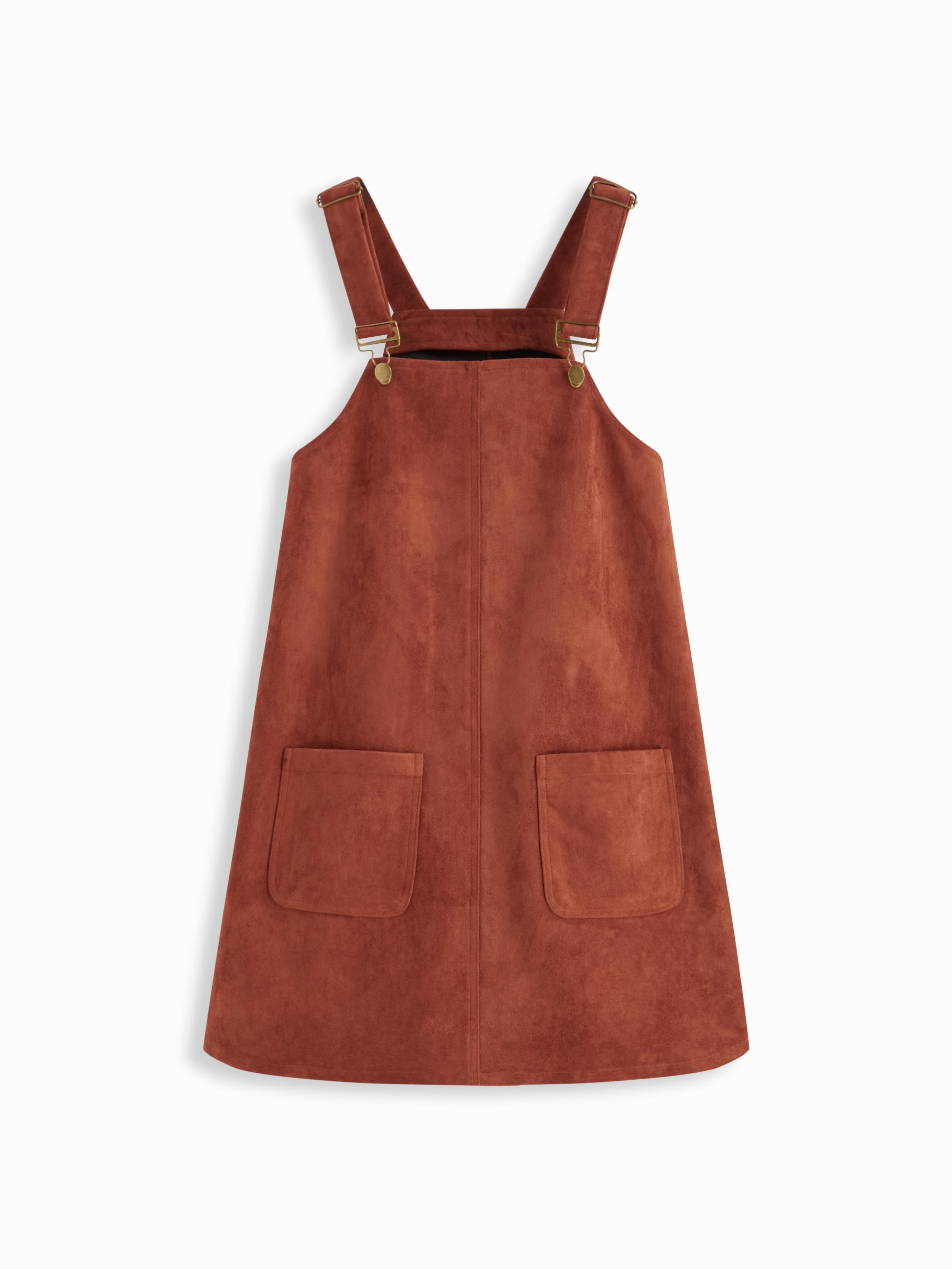 Suede Square Neck Buckle Up Pocket Mini Pinafore Dress by CIDER