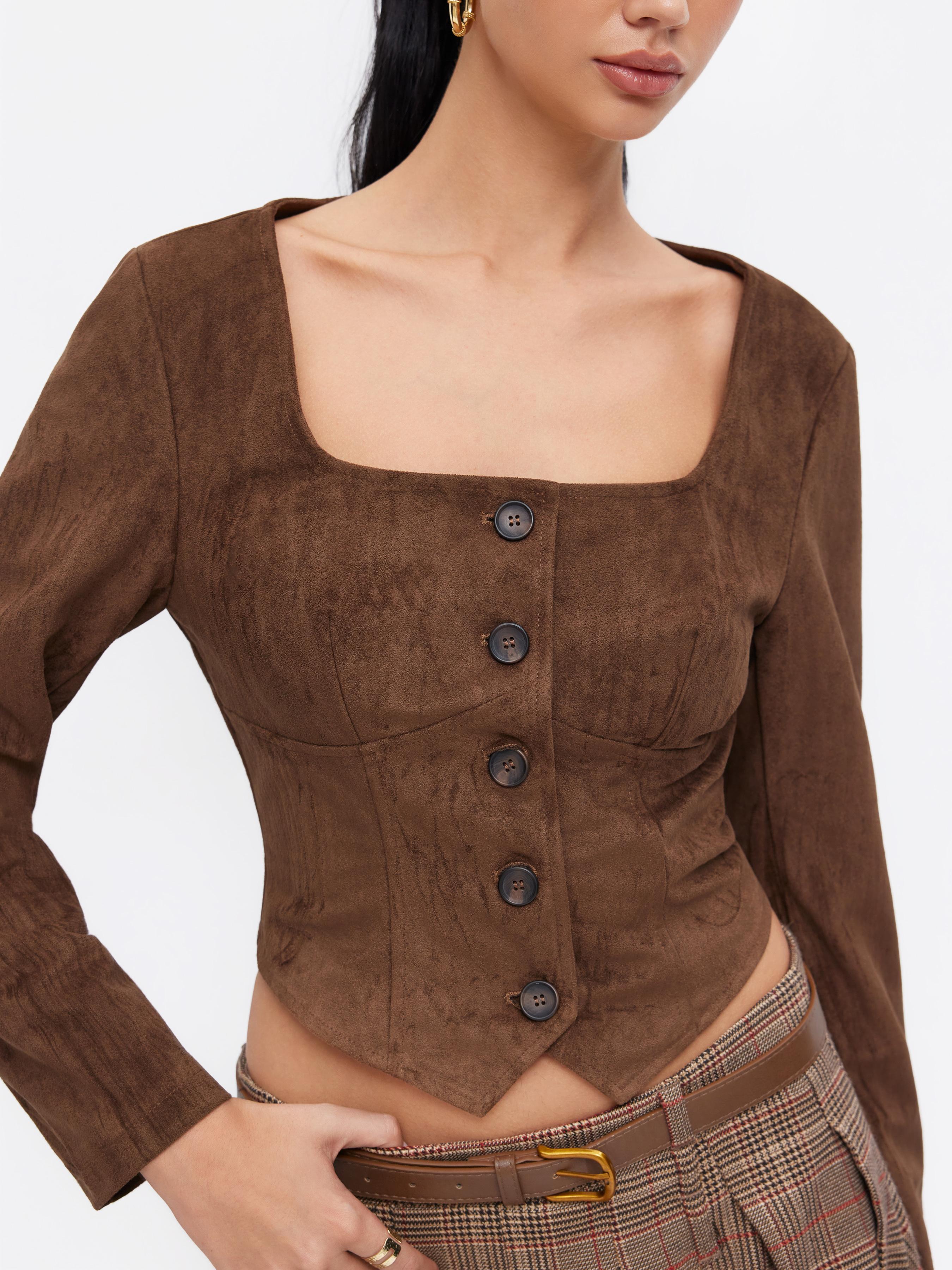 Suede Square Neck Long Sleeve Asymmetrical Hem Button Jacket by CIDER