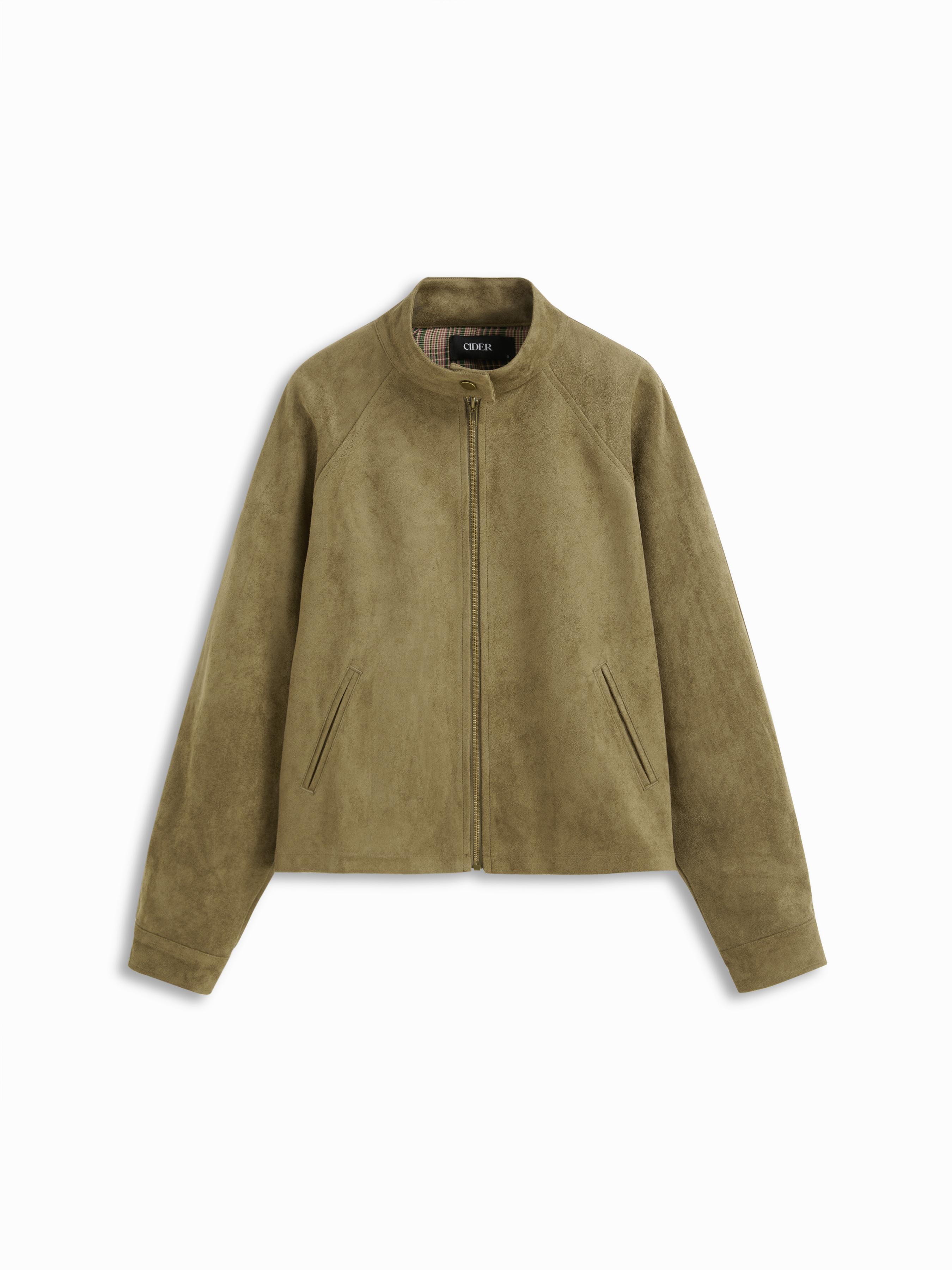 Suede Stand Collar Long Sleeve Zip Through Oversized Jacket by CIDER