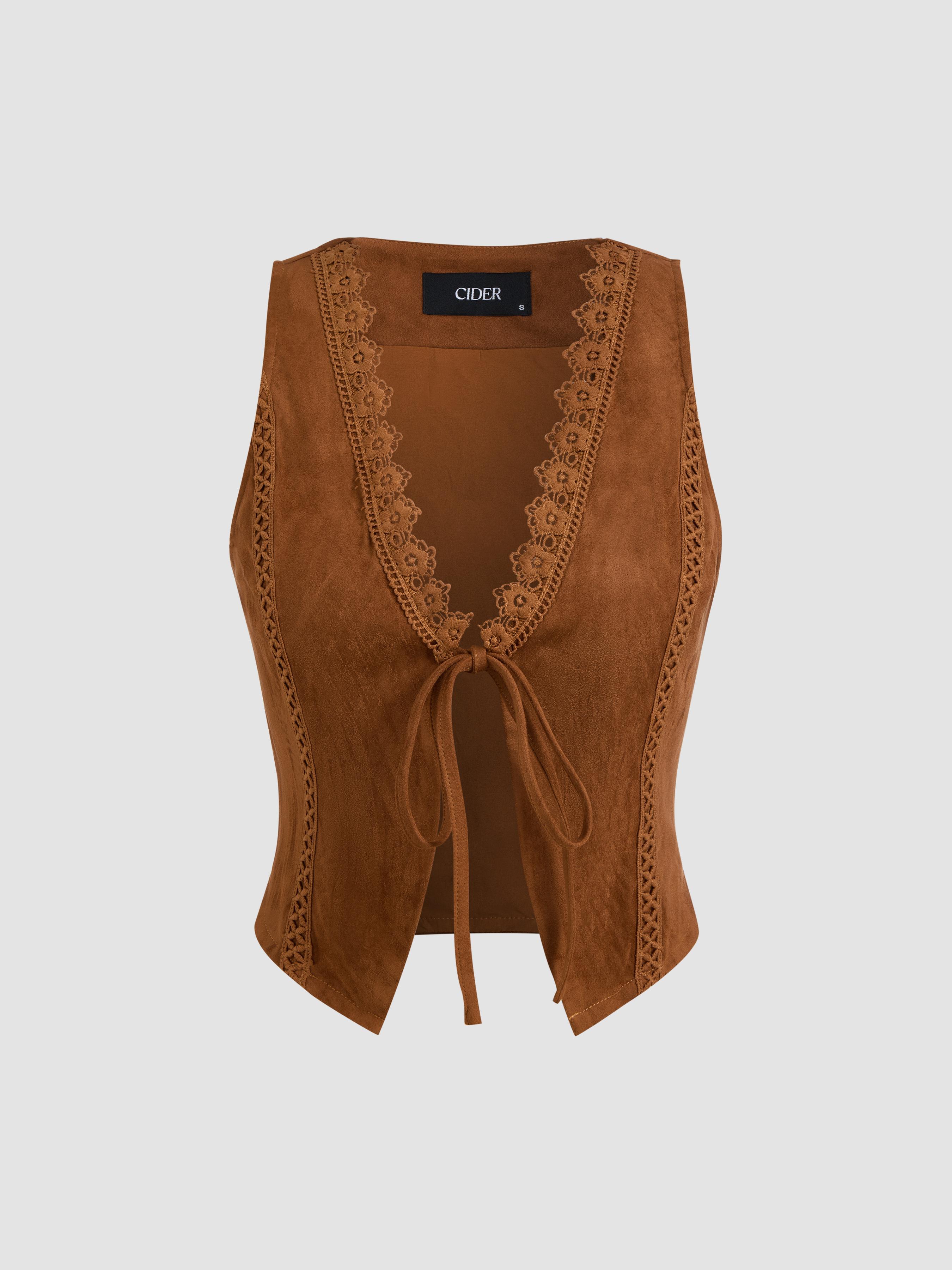 Suede V-Neck Lace Trim Waistcoat by CIDER