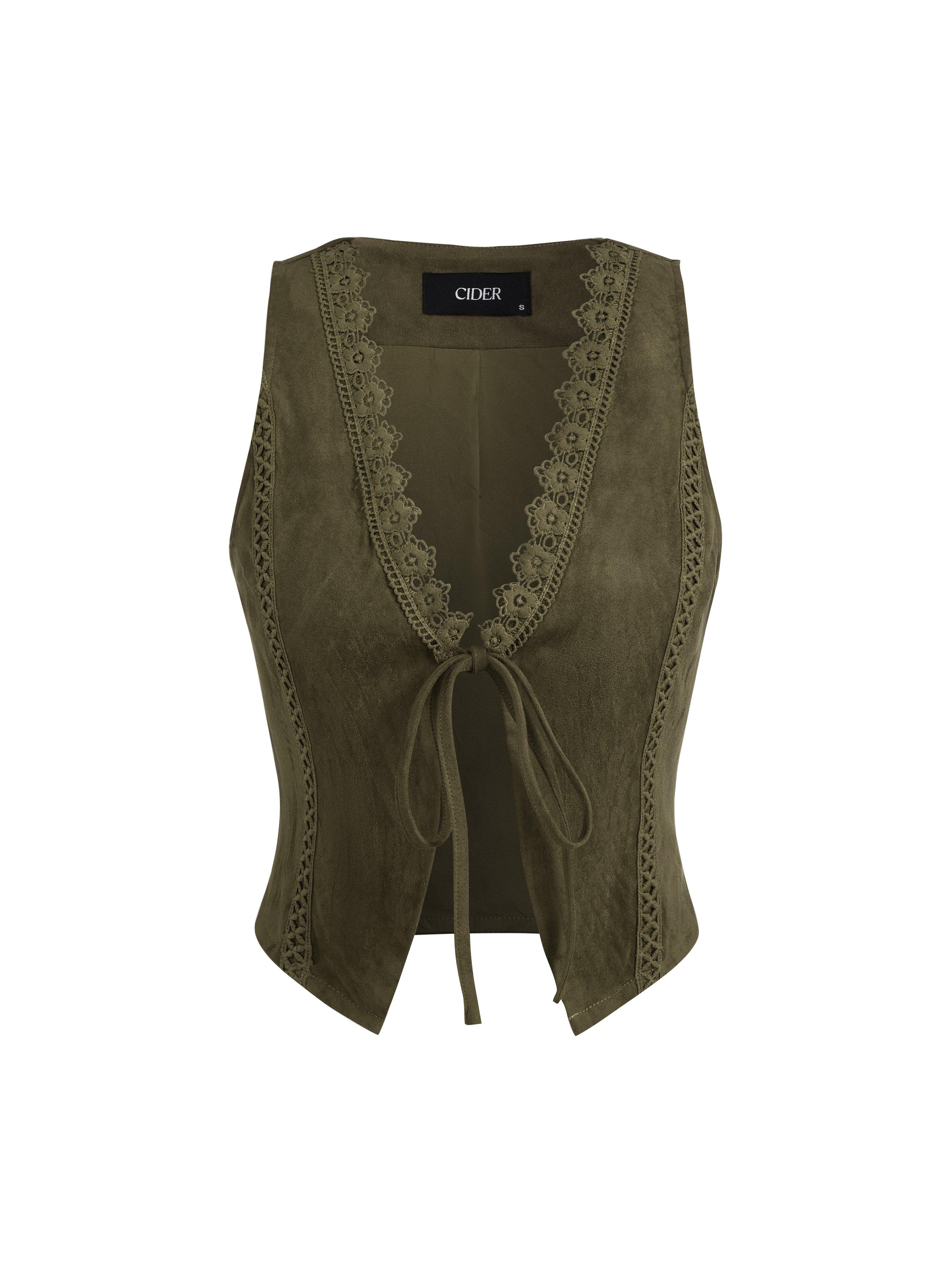 Suede V-Neck Lace Trim Waistcoat by CIDER