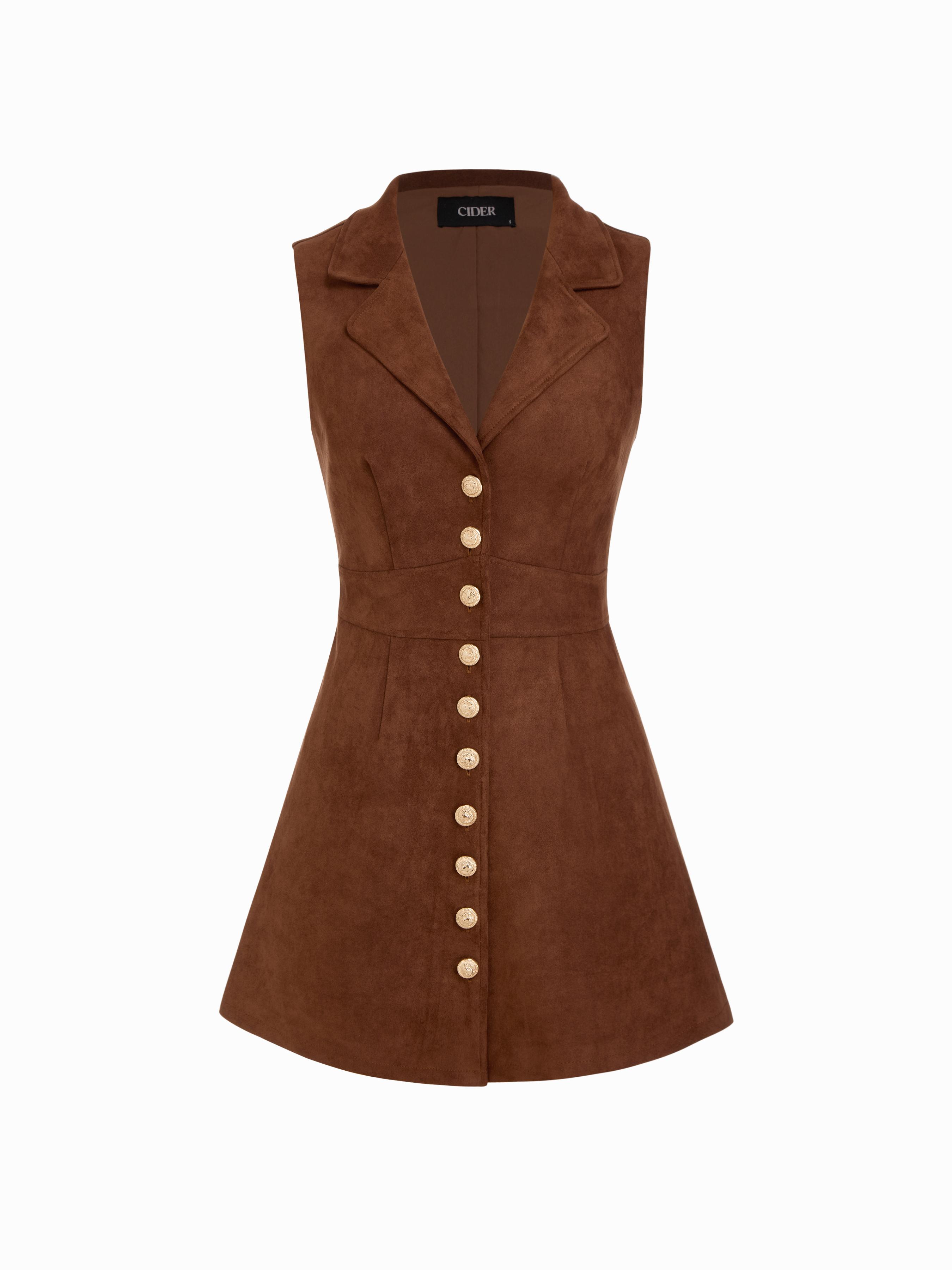 Suede V-neck Metal Button Sleeveless Mini Dress by CIDER