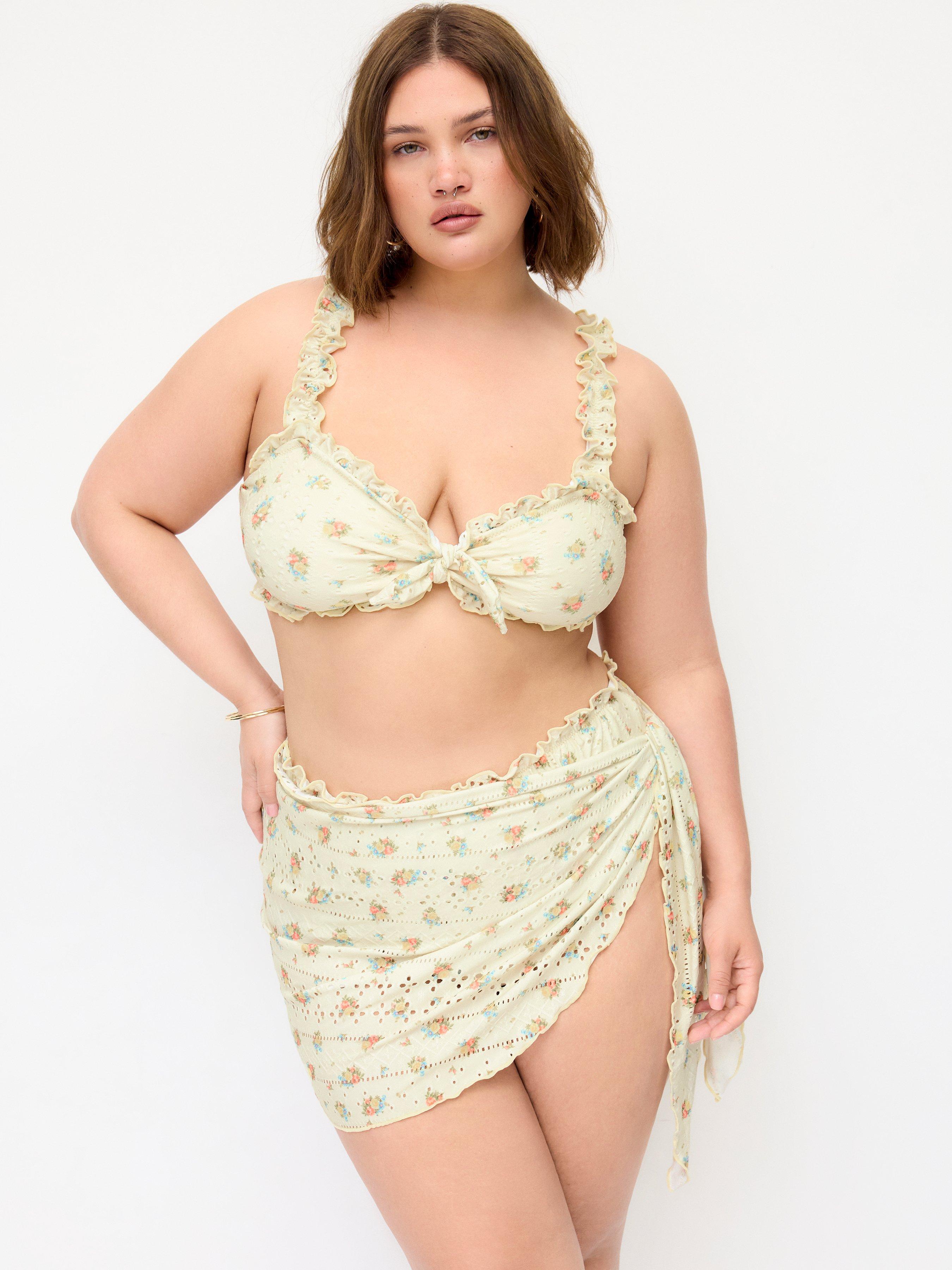 Sweetheart Floral Eyelet Embroidery Lettuce Trim Triangle Bikini Set With Sarong Curve & Plus by CIDER