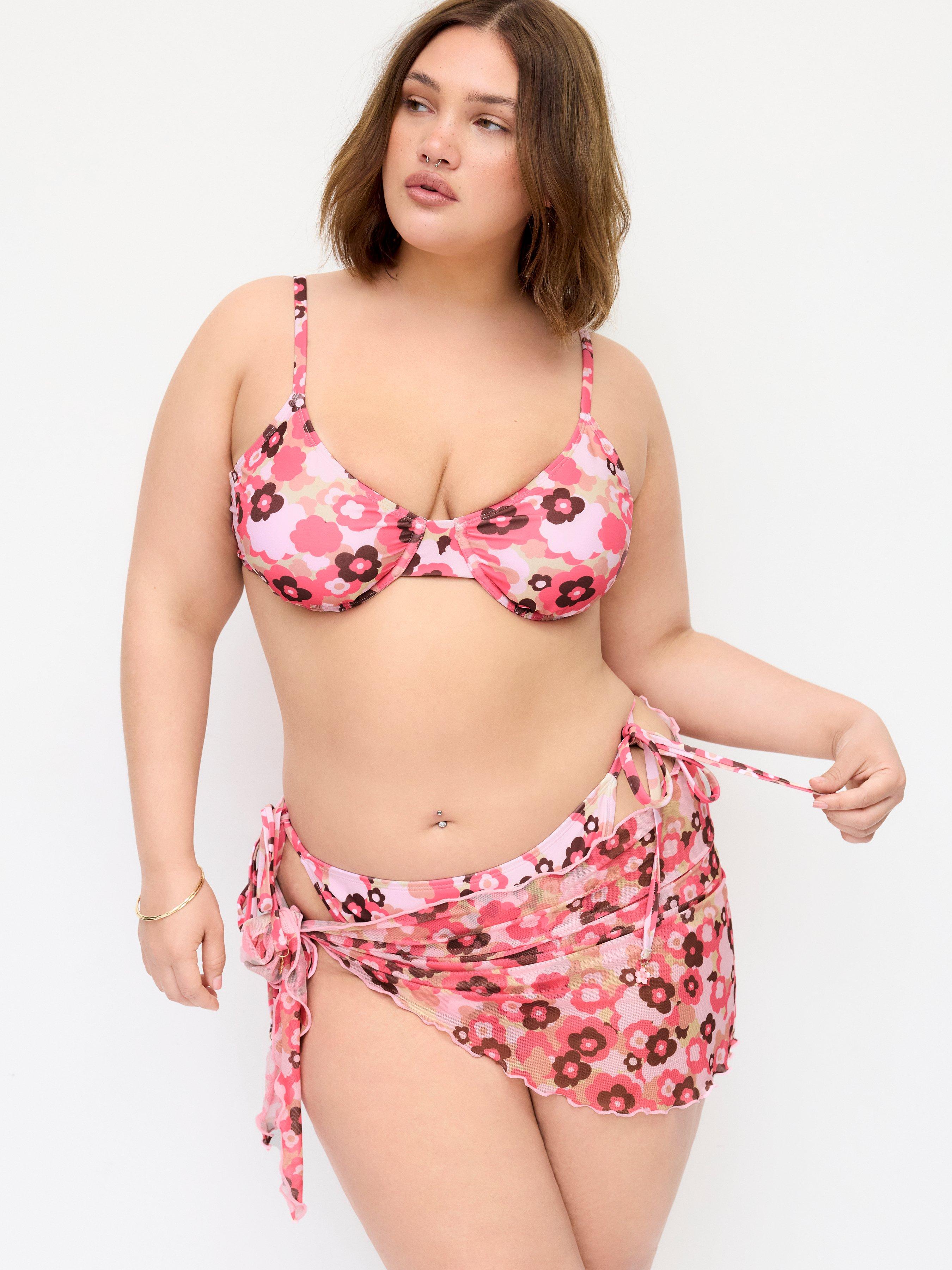 Sweetheart Floral Metal Detail Tie Side Underwire Bikini Set With Sarong Curve & Plus by CIDER