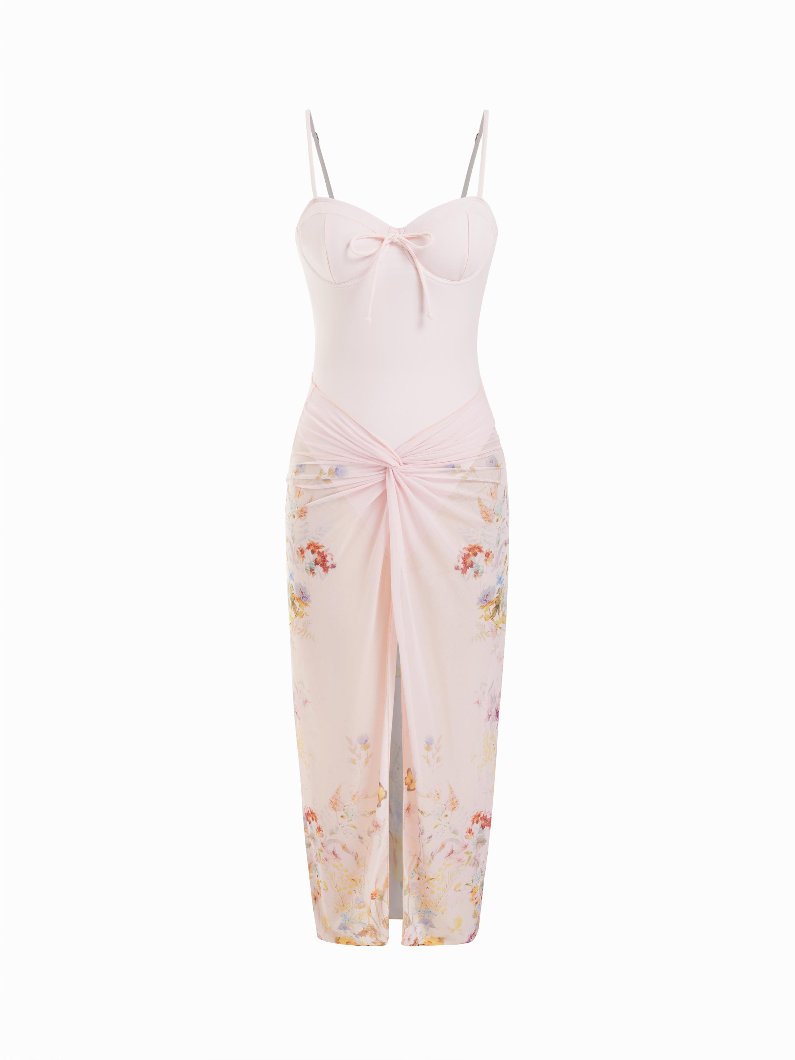Sweetheart Neck Floral Print High Stretch One Piece Swimsuit With Sheer Wrap Skirt by CIDER