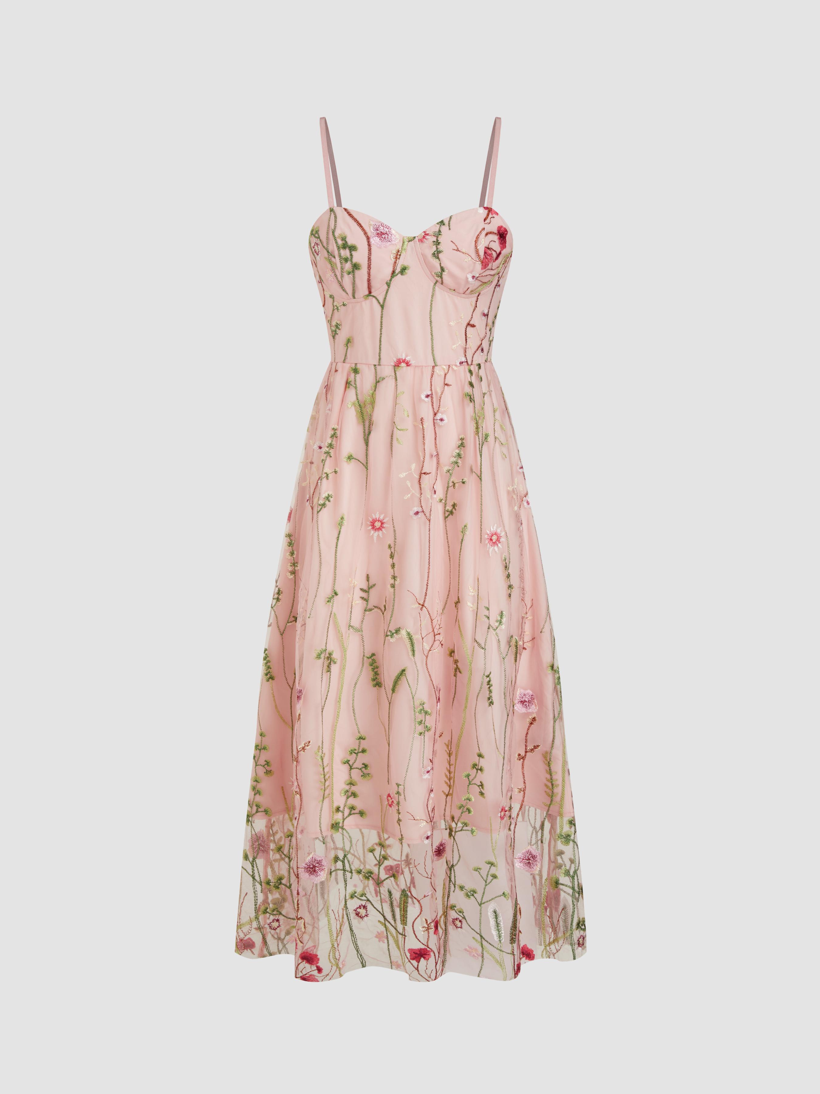 Sweetheart Neckline Floral Embroidery Mesh Maxi Dress by CIDER