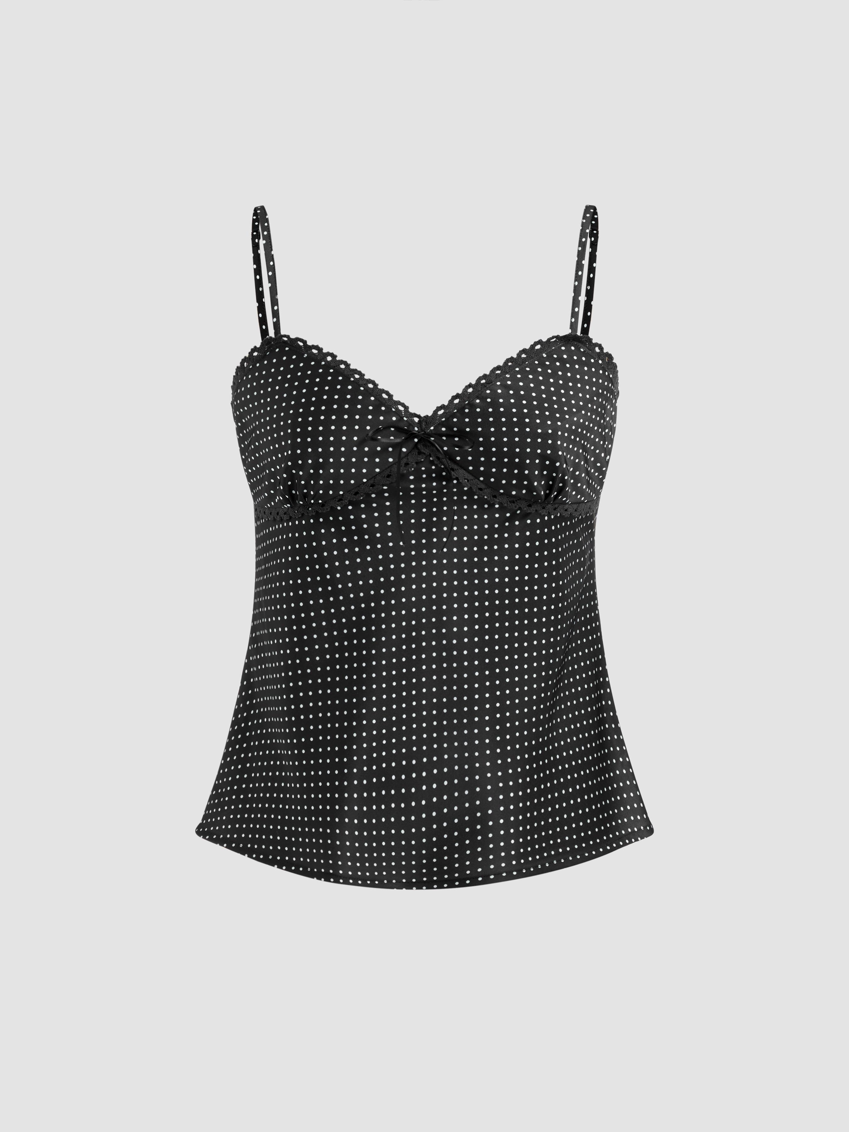 Sweetheart Neckline Polka Dot Lace Trim Knotted Cami Top by CIDER