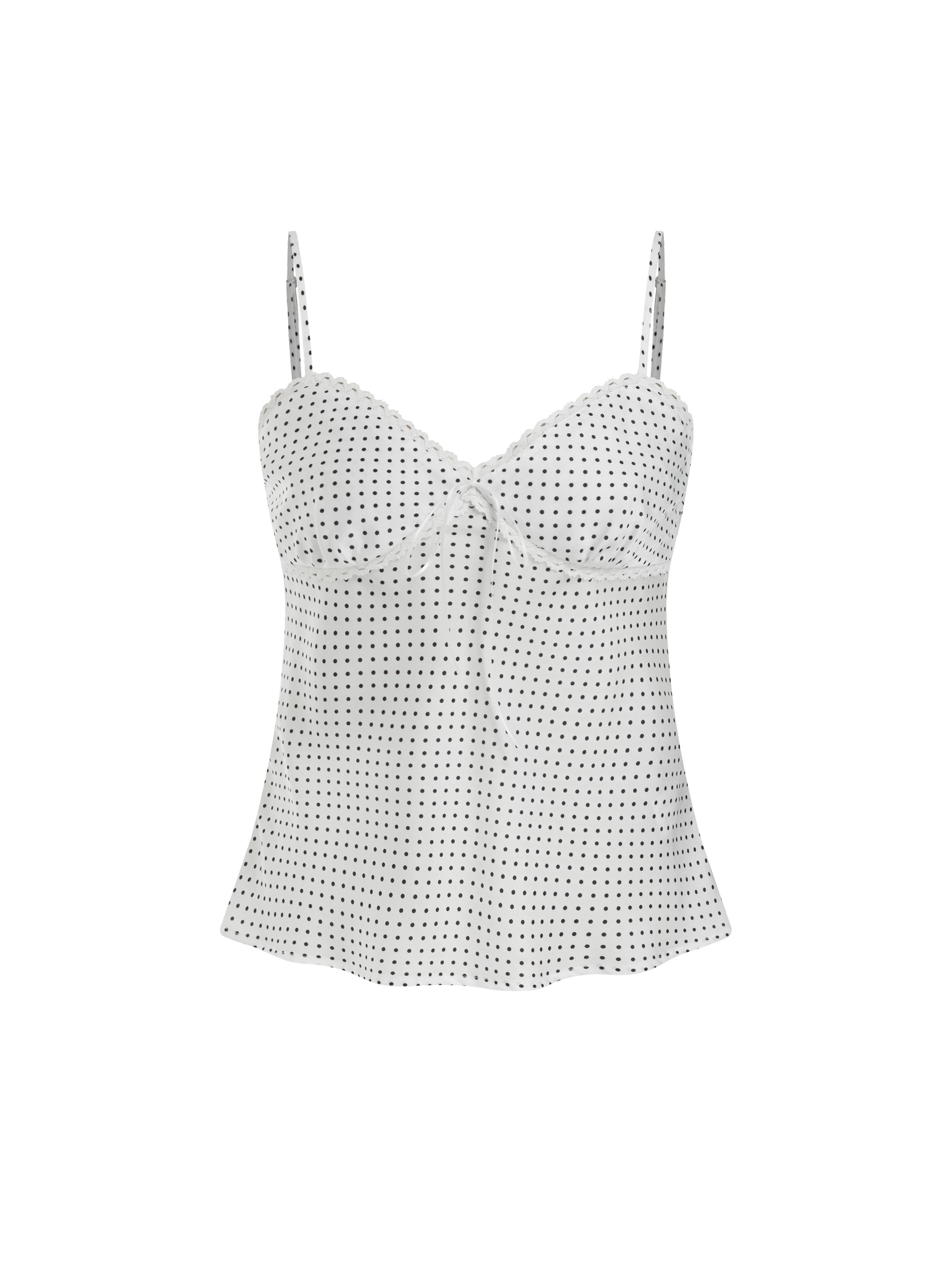Sweetheart Neckline Polka Dot Lace Trim Knotted Cami Top by CIDER