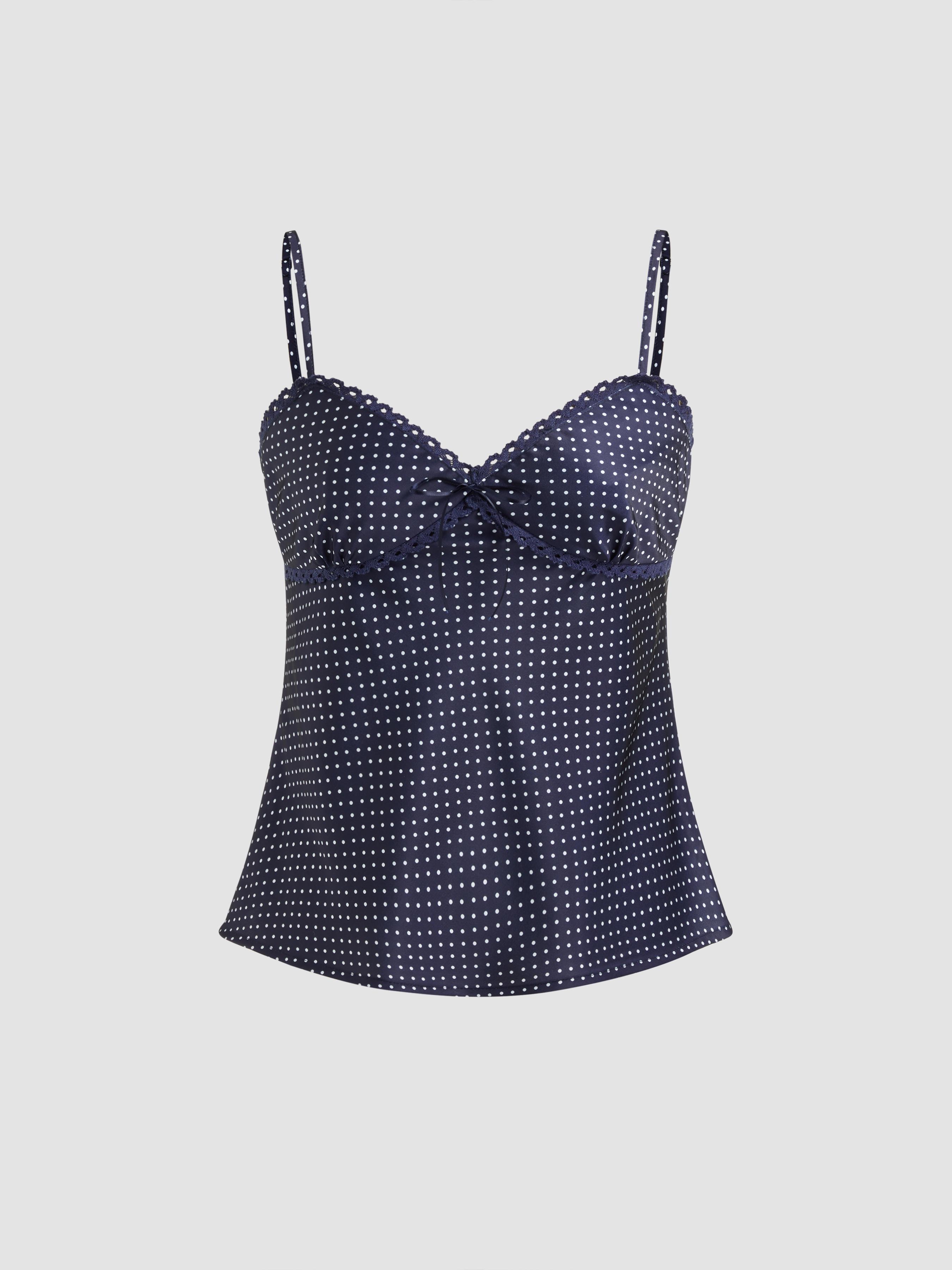 Sweetheart Neckline Polka Dot Lace Trim Knotted Cami Top by CIDER