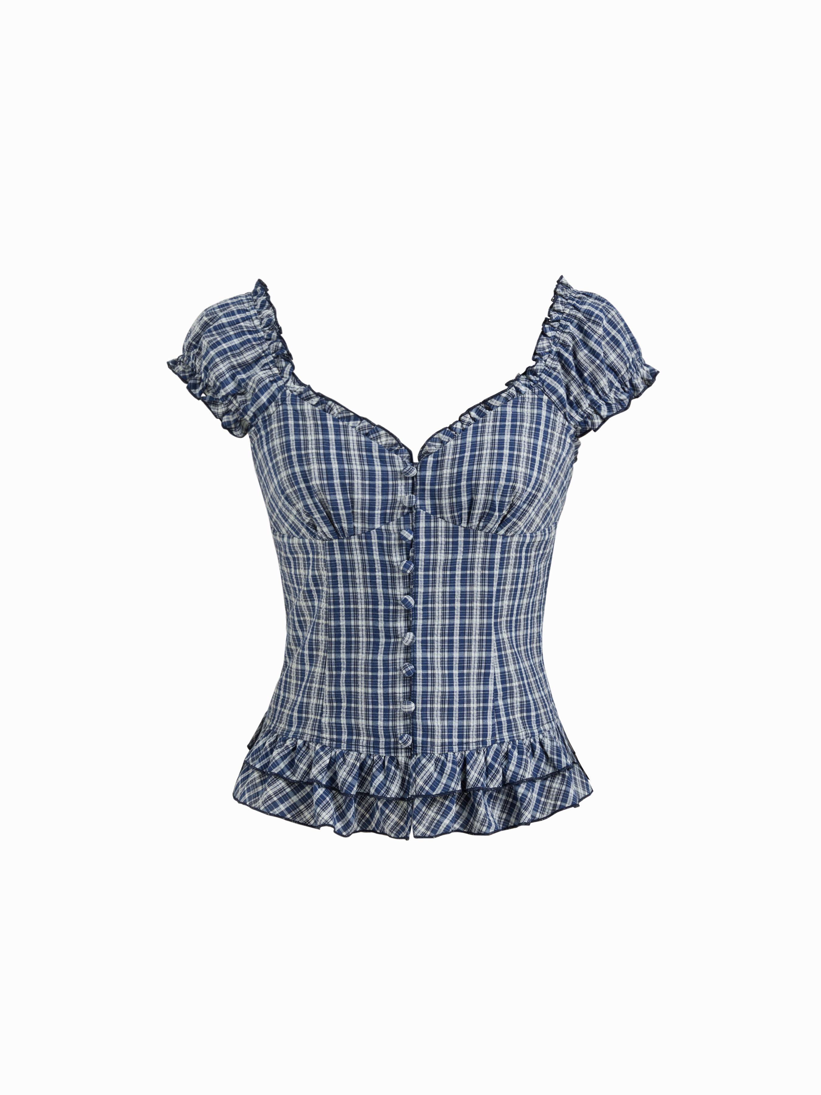 Sweetheart Tartan Ruched Lettuce Trim Layered Blouse by CIDER