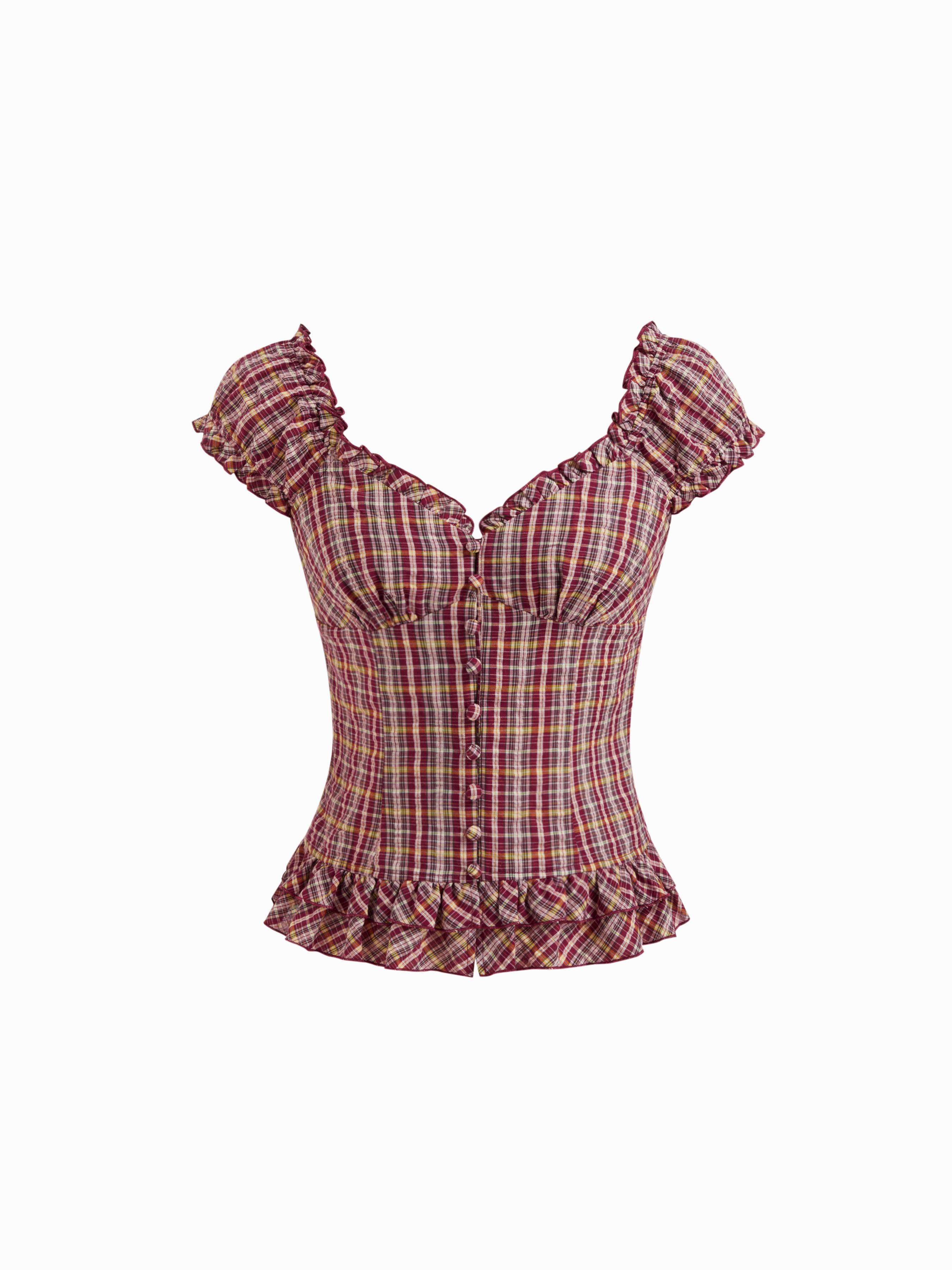 Sweetheart Tartan Ruched Lettuce Trim Layered Blouse by CIDER