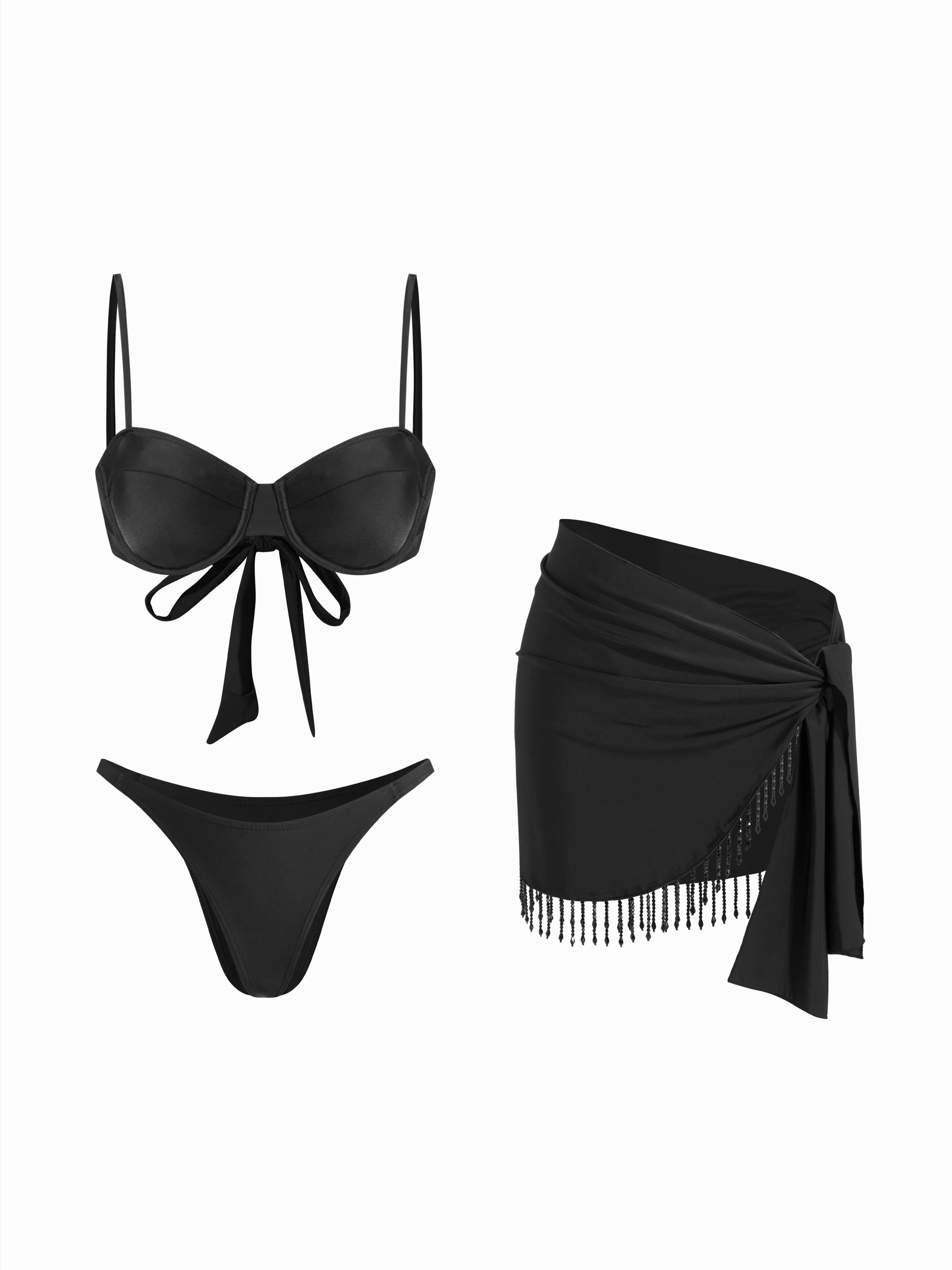 Sweetheart Underwire  3 Piece Bikini Set With Fringe Sarong by undefined