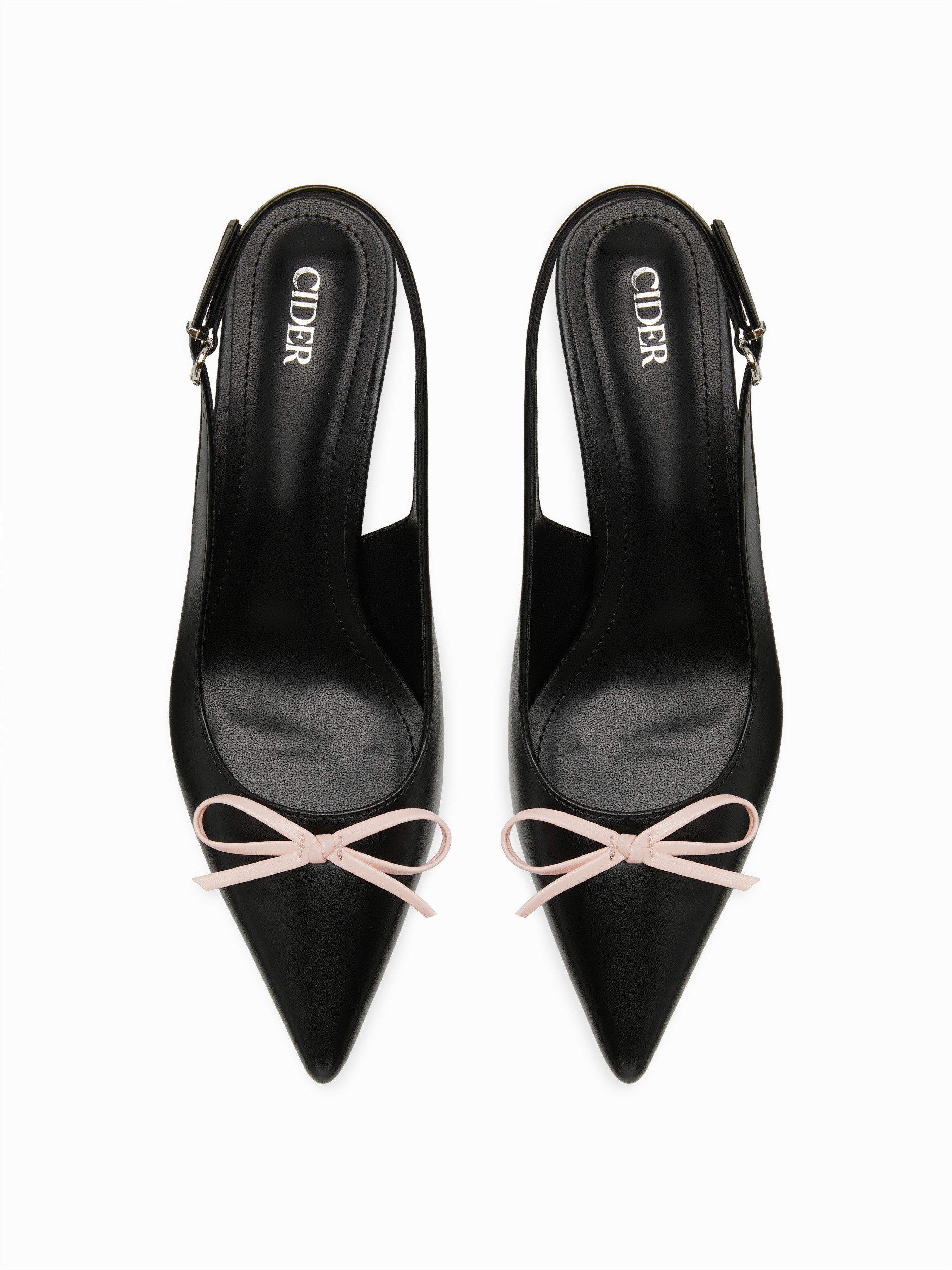 TWO-TONE BOW POINTED-TOE SLINGBACK FAUX LEATHER KITTEN HEELS by CIDER