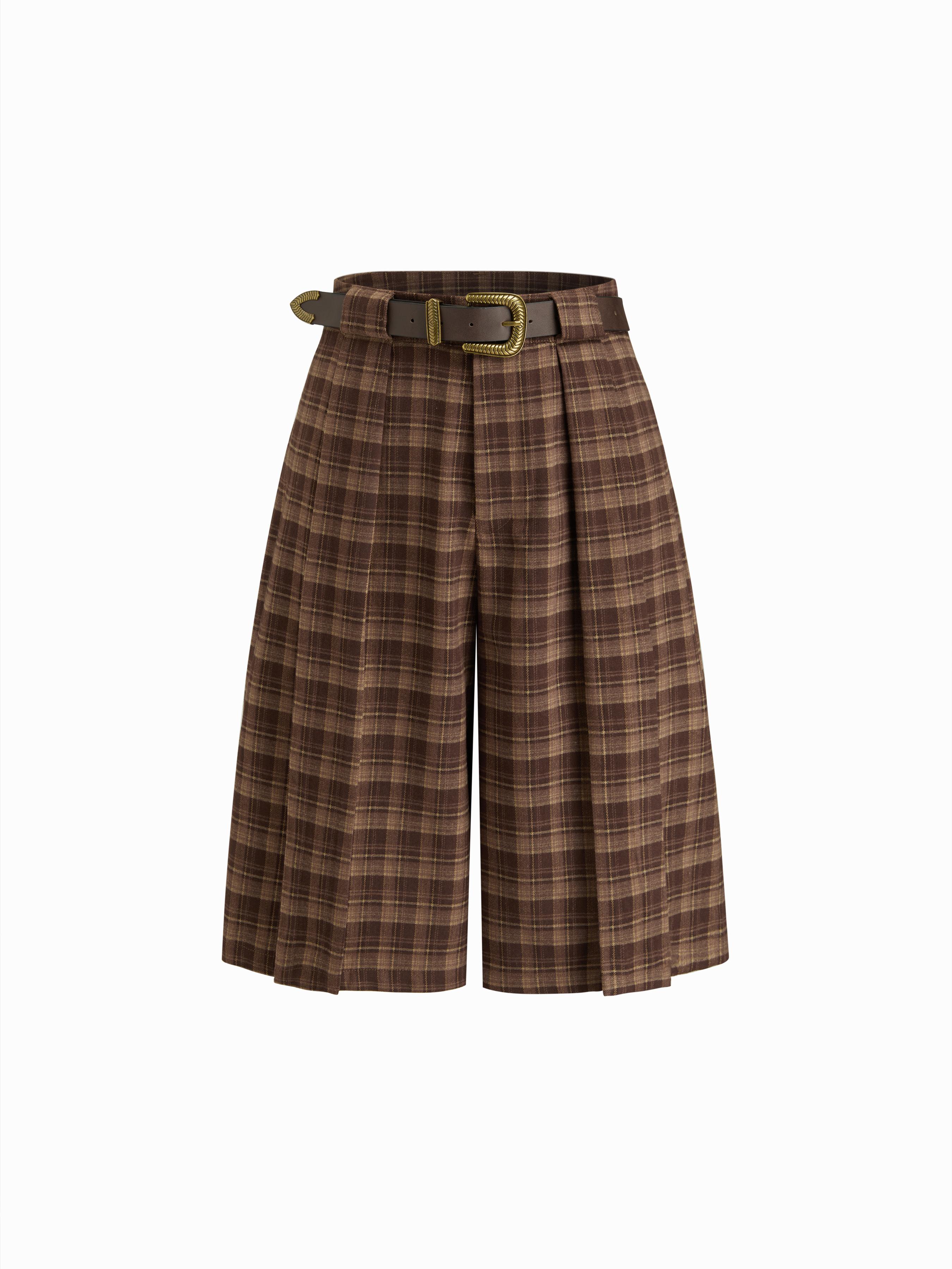 Tartan Mid Rise Pleated Bermuda Shorts With Belt by CIDER