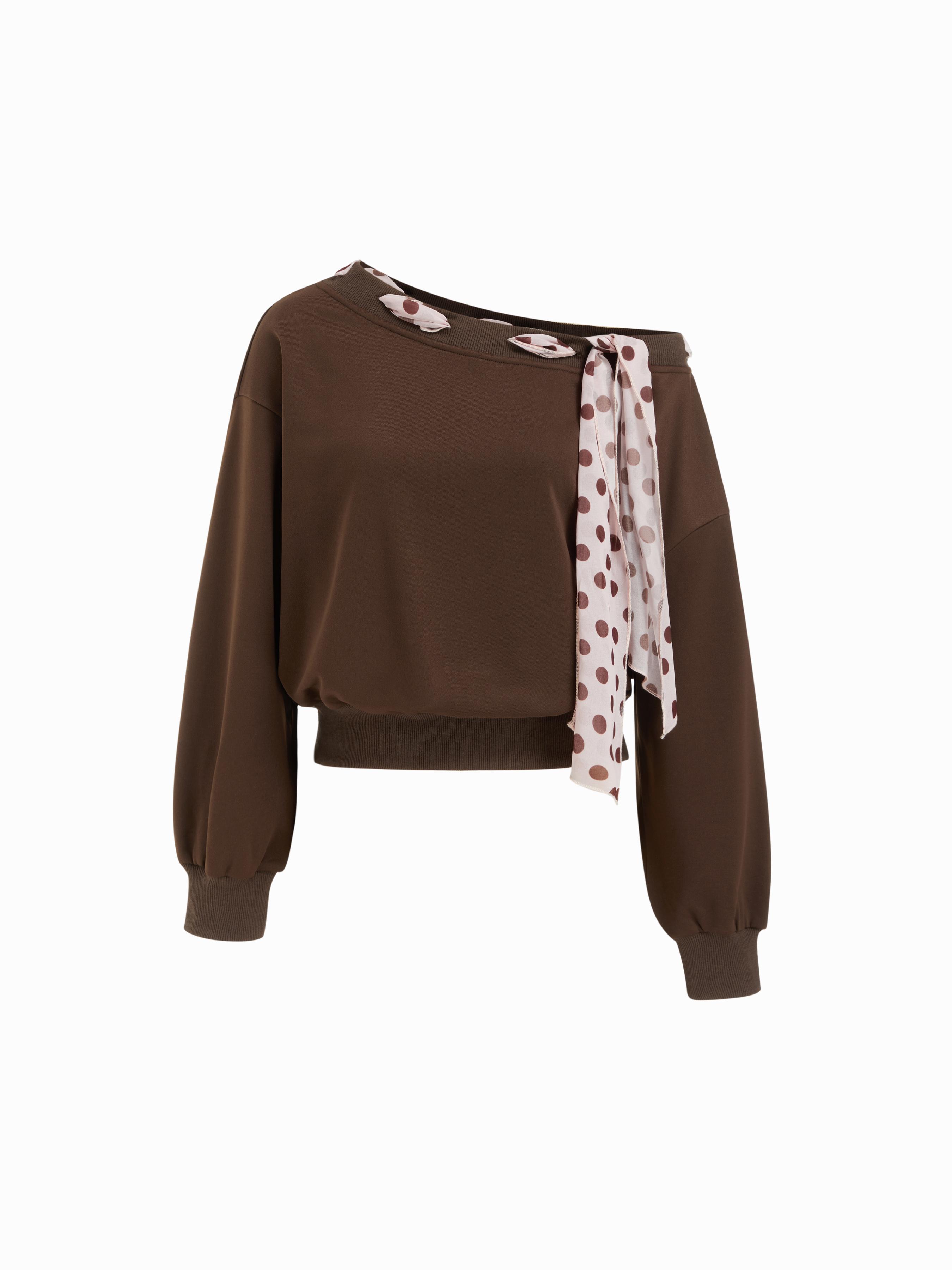 Terry Asymmetrical Neck Crop Oversized Sweatshirt With Polka Dot Knotted by CIDER