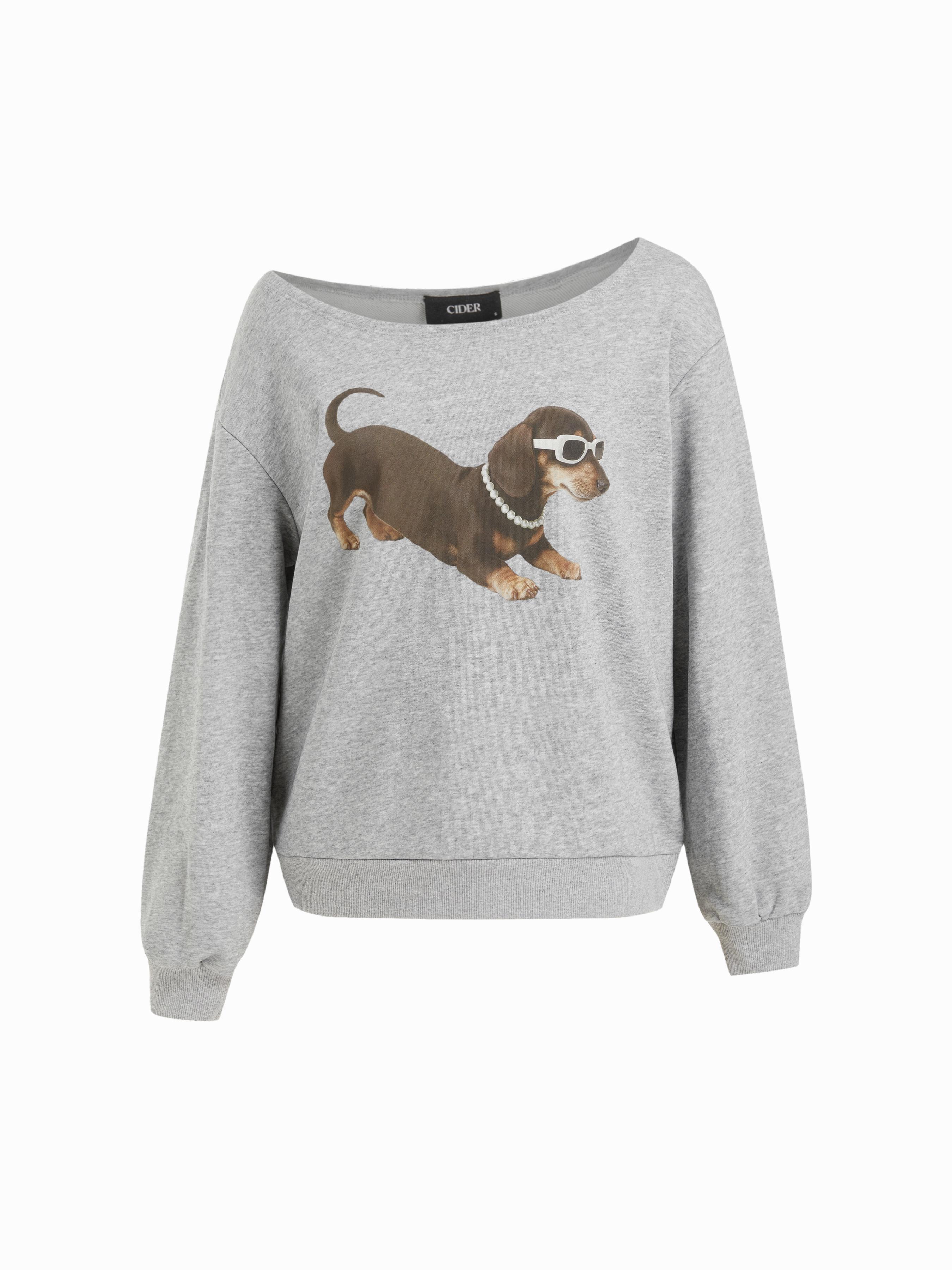 Terry Asymmetrical Neck Dog Graphic Sweatshirt by CIDER