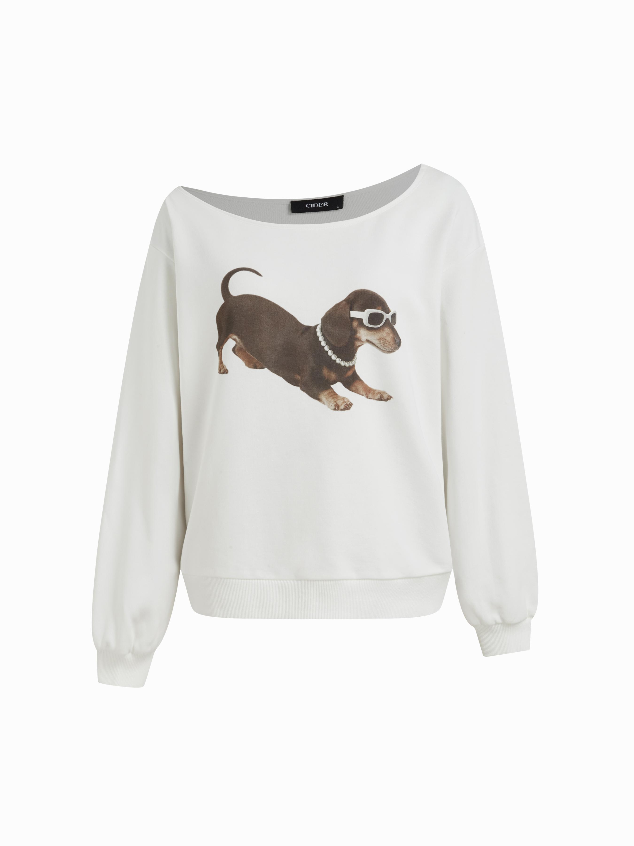 Terry Asymmetrical Neck Dog Graphic Sweatshirt by CIDER