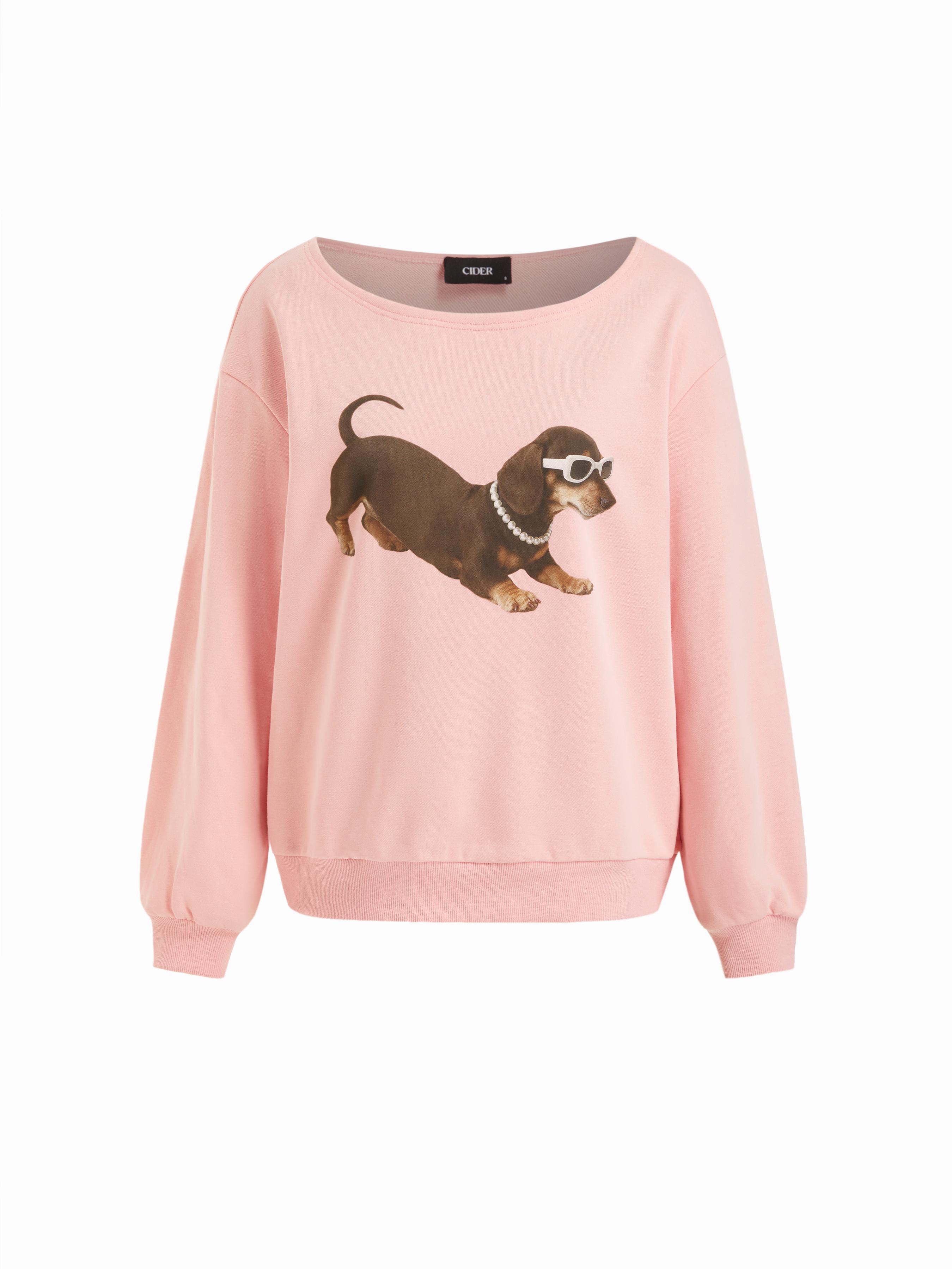 Terry Asymmetrical Neck Dog Graphic Sweatshirt by CIDER