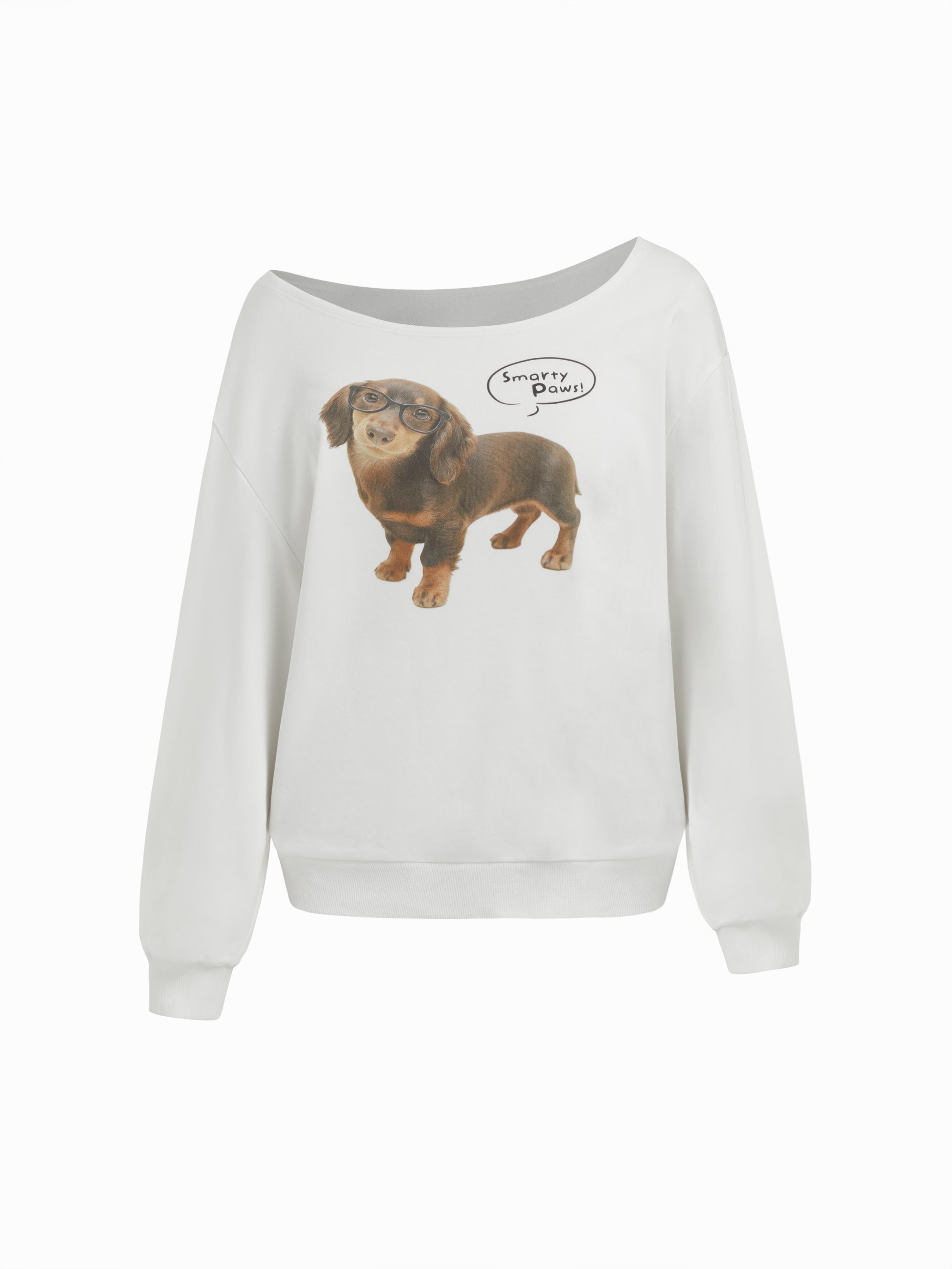 Terry Asymmetrical Neck Dog Graphic Sweatshirt by CIDER