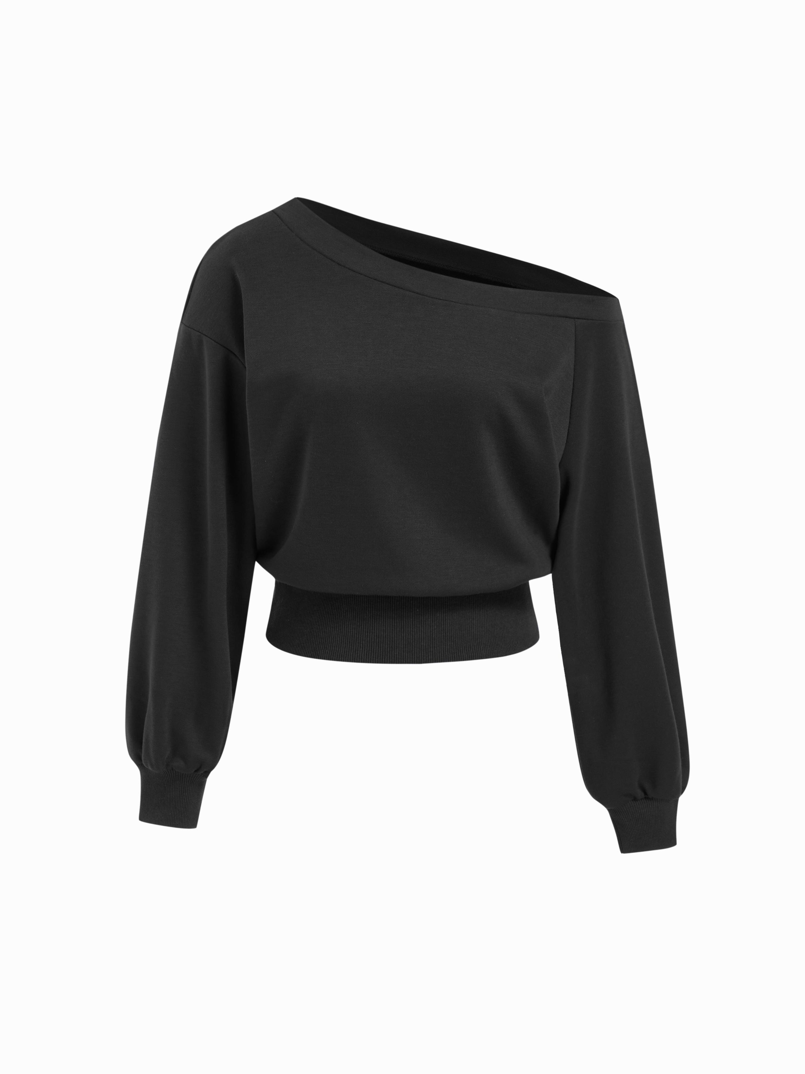 Terry Asymmetrical Neck Long Sleeve Sweatshirt by CIDER