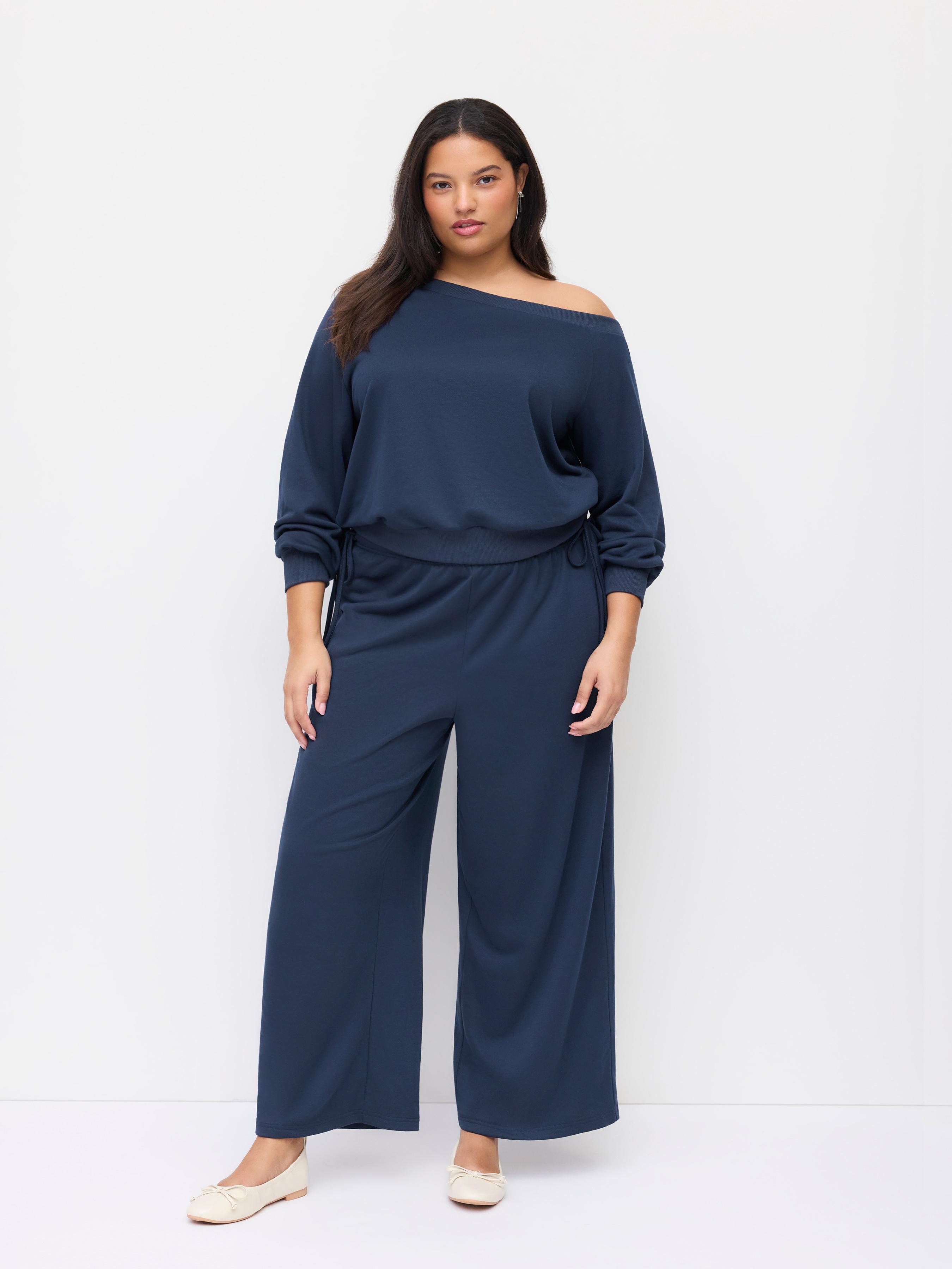 Terry Asymmetrical Neck Oversized Top & Mid Rise Drawstring Side Knotted Trousers Loungewear Set Curve & Plus by CIDER