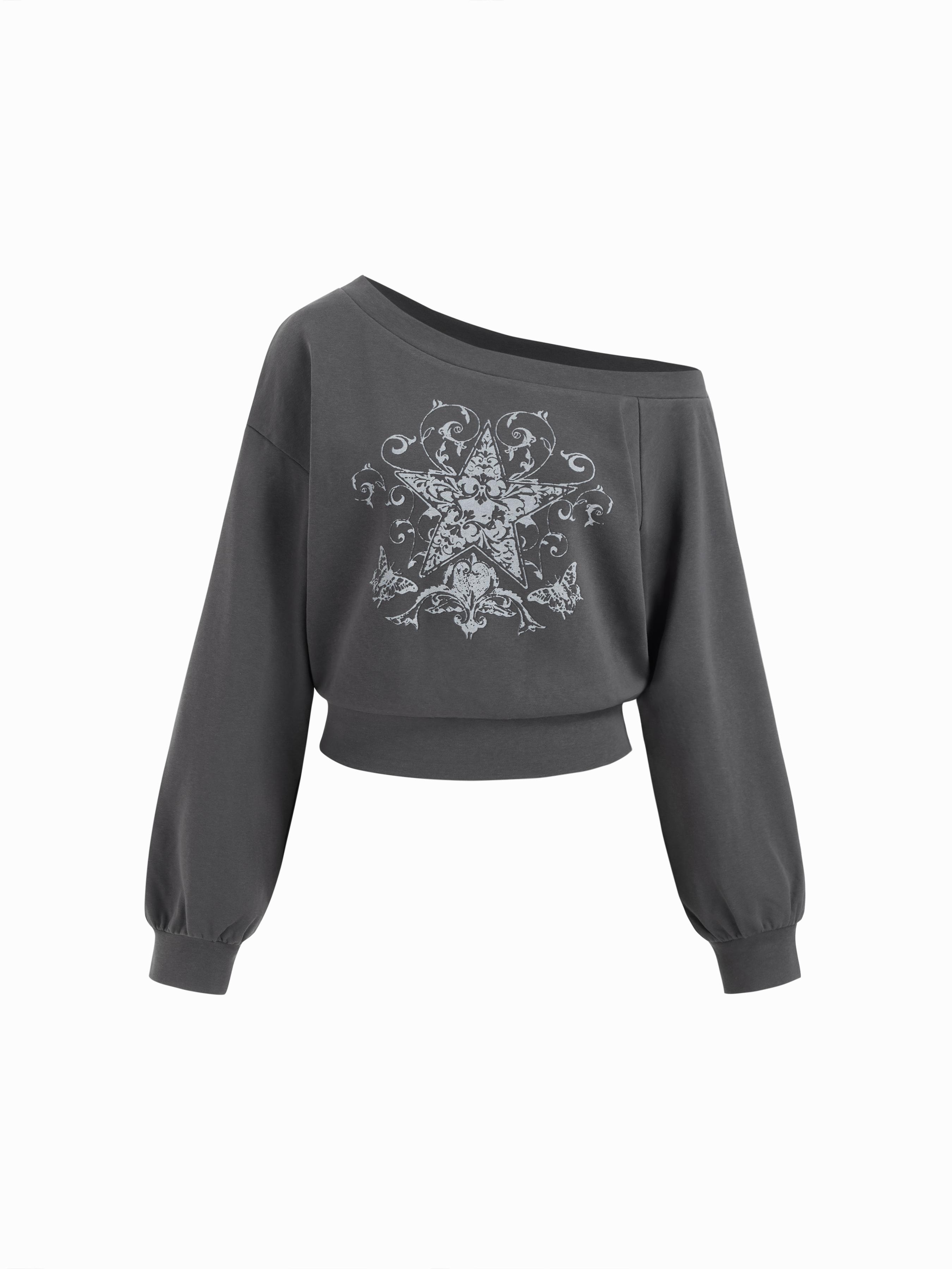 Terry Asymmetrical Neck Star Graphic Crop Sweatshirt by CIDER