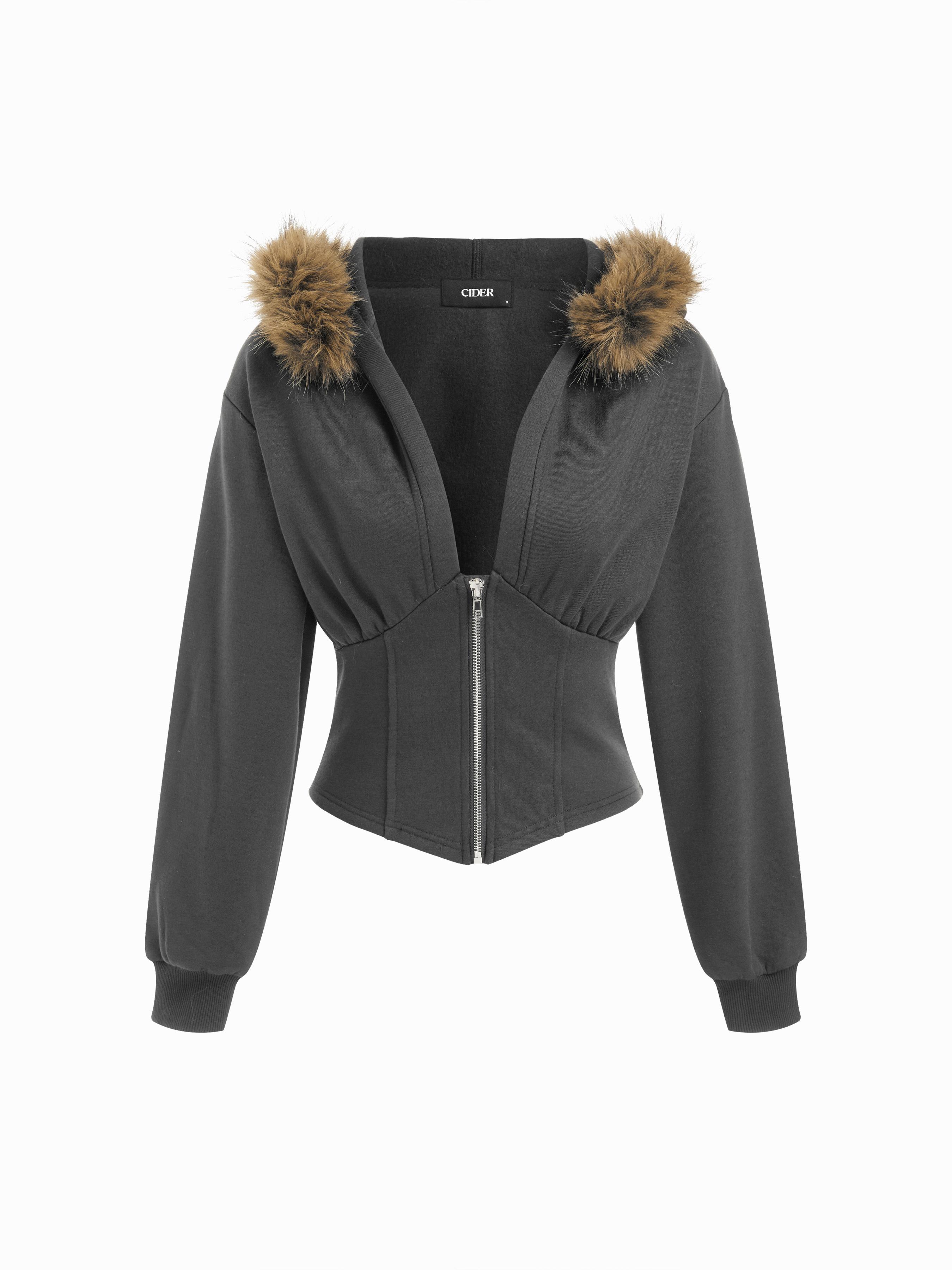 Terry Faux Fur Trim Corset Half Zip Hoodie by CIDER