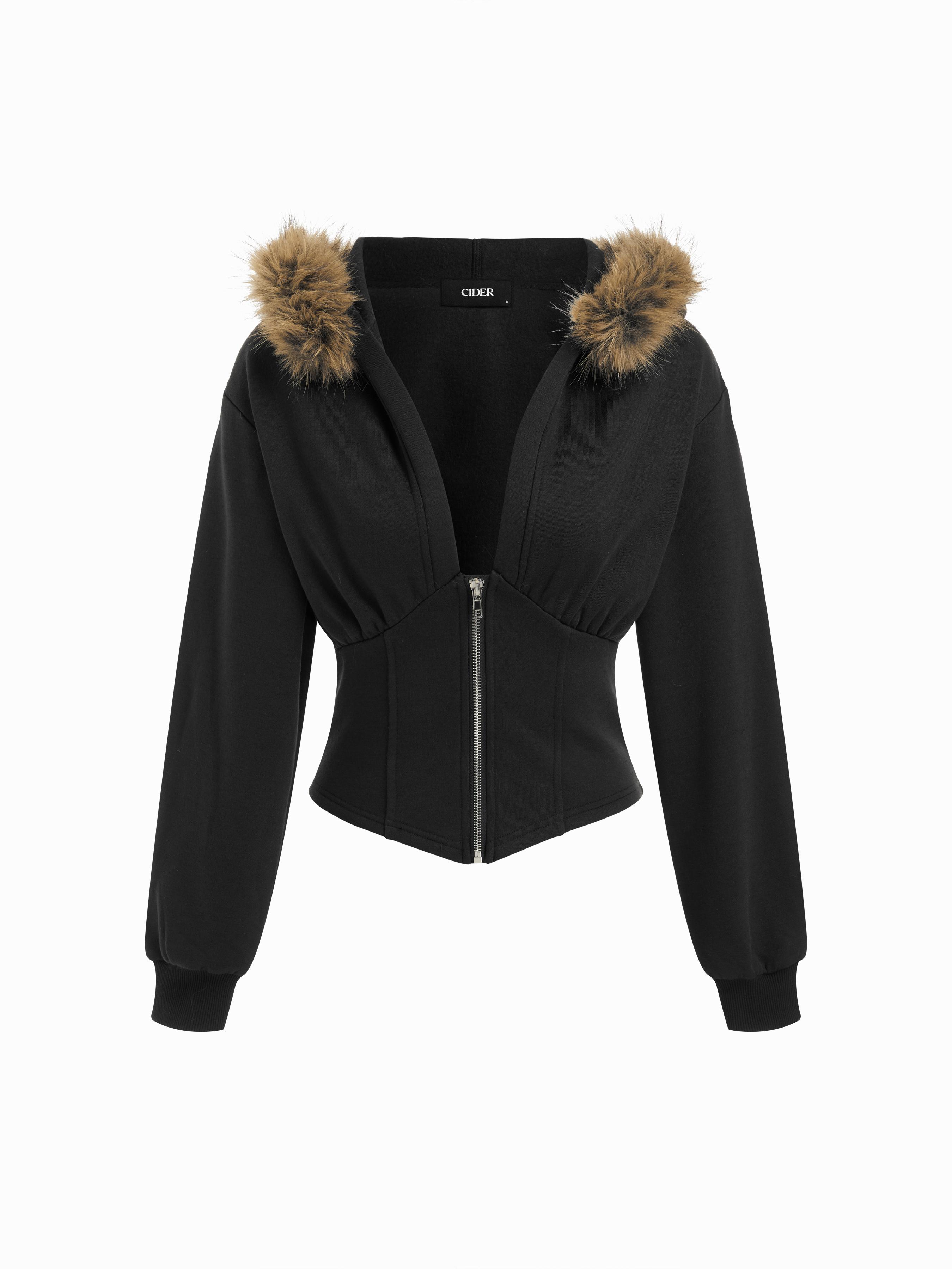 Terry Faux Fur Trim Corset Half Zip Hoodie by CIDER