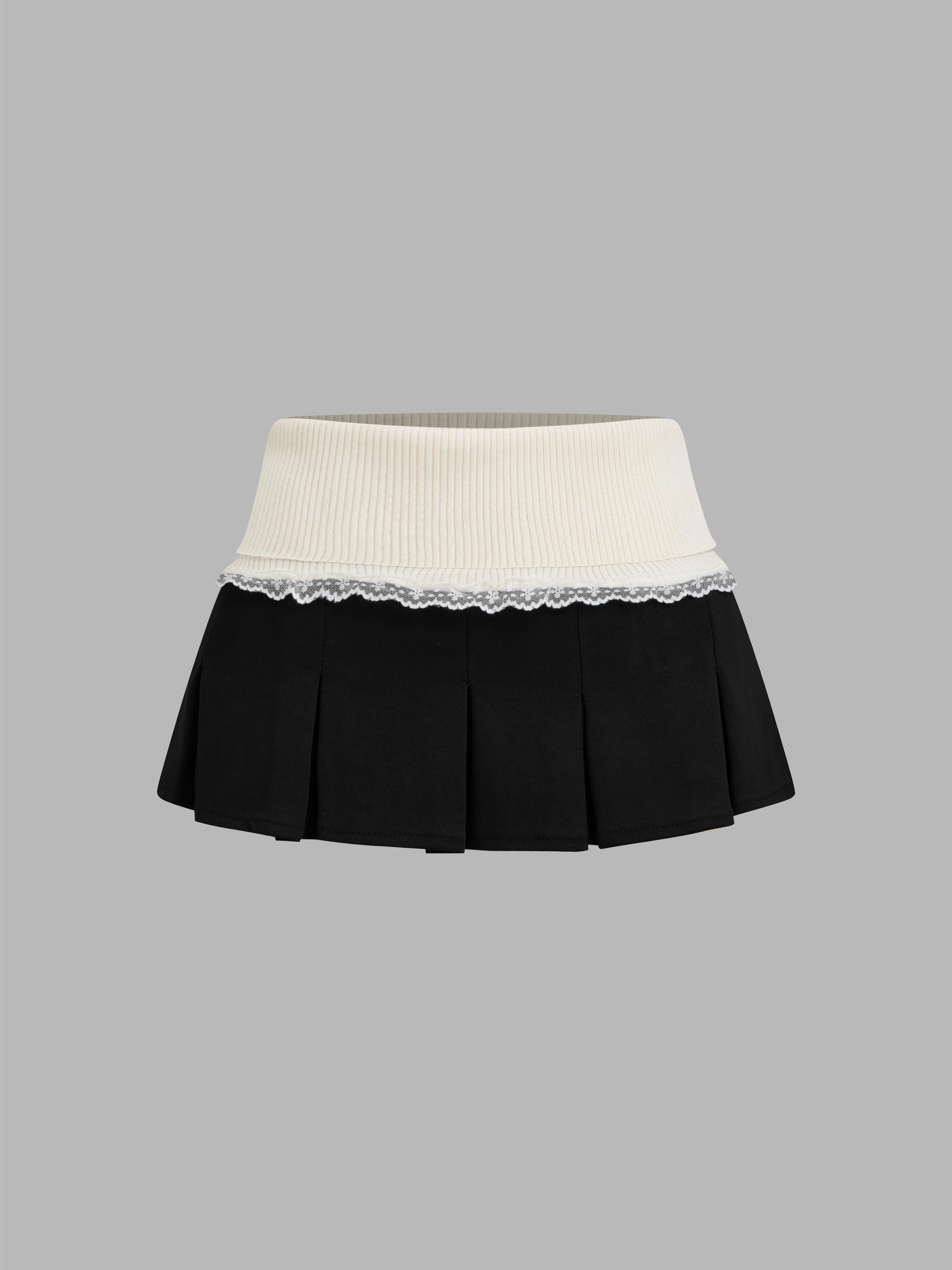 Terry High Rise Lace Trim Two Tone Pleated Mini Skirt by CIDER