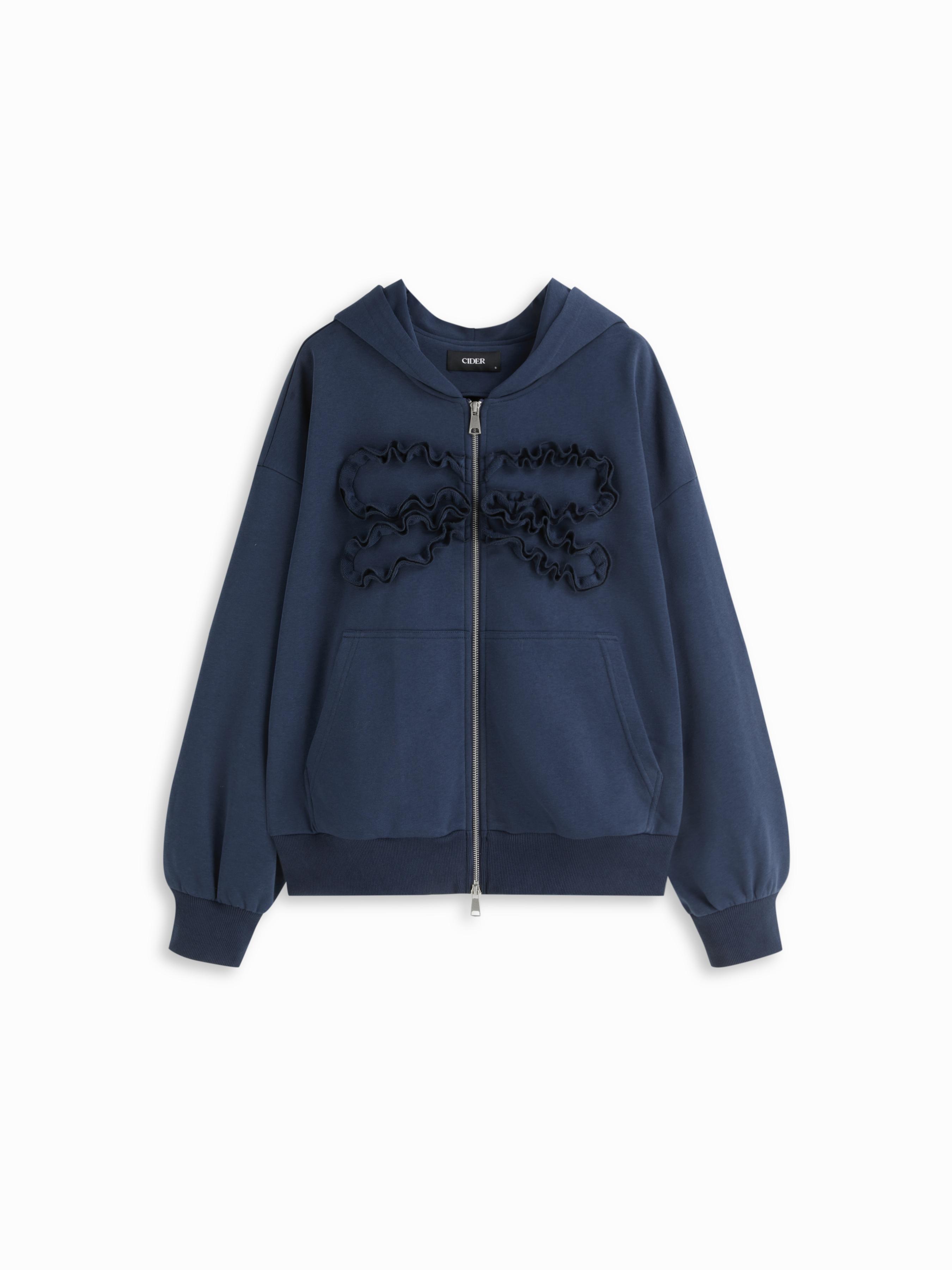 Terry Lettuce Trim Bowknot Zip Through Oversized Hoodie by CIDER