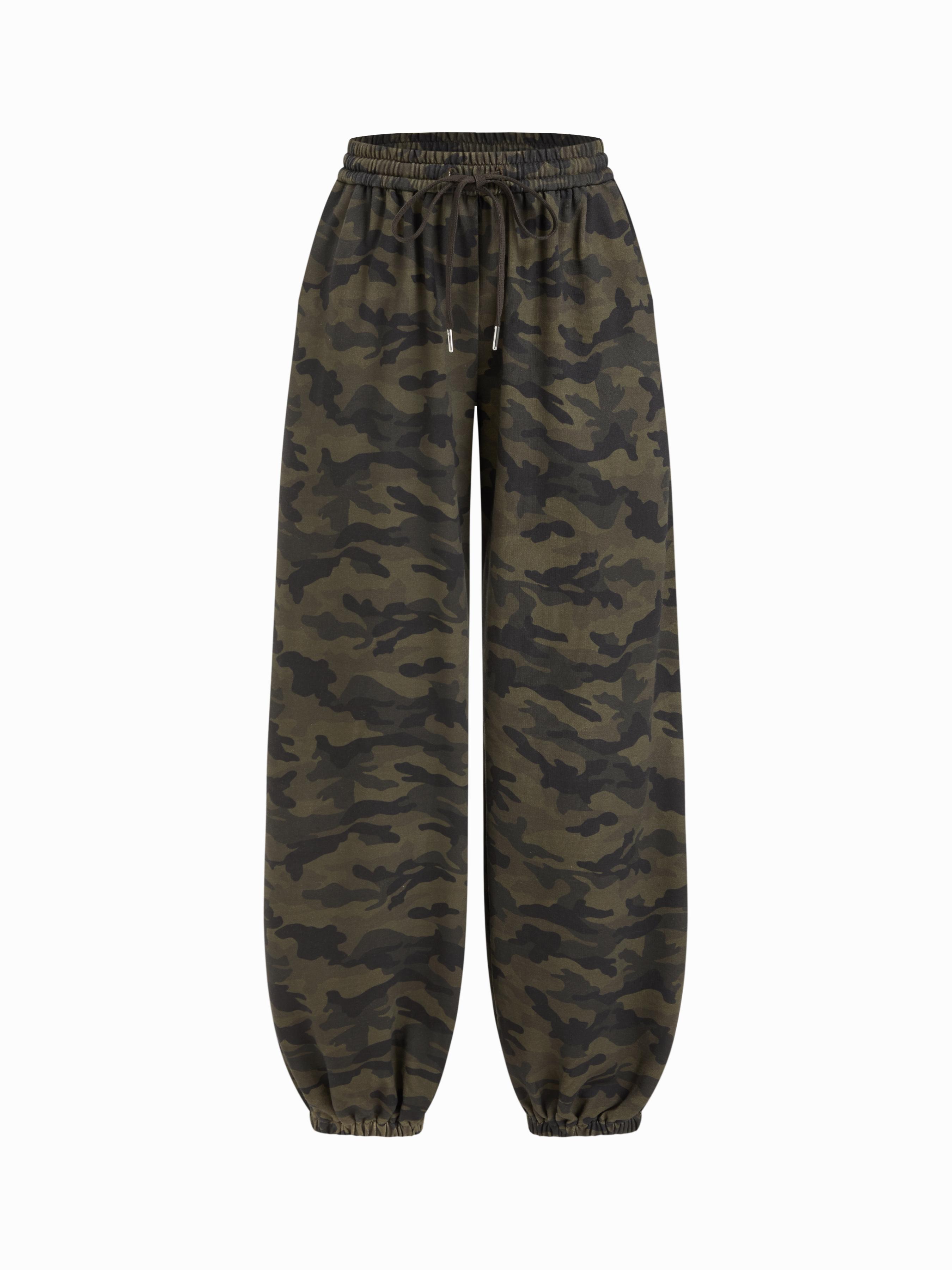 Terry Mid Rise Leopard Camo Print Drawstring Jogger Trousers by CIDER