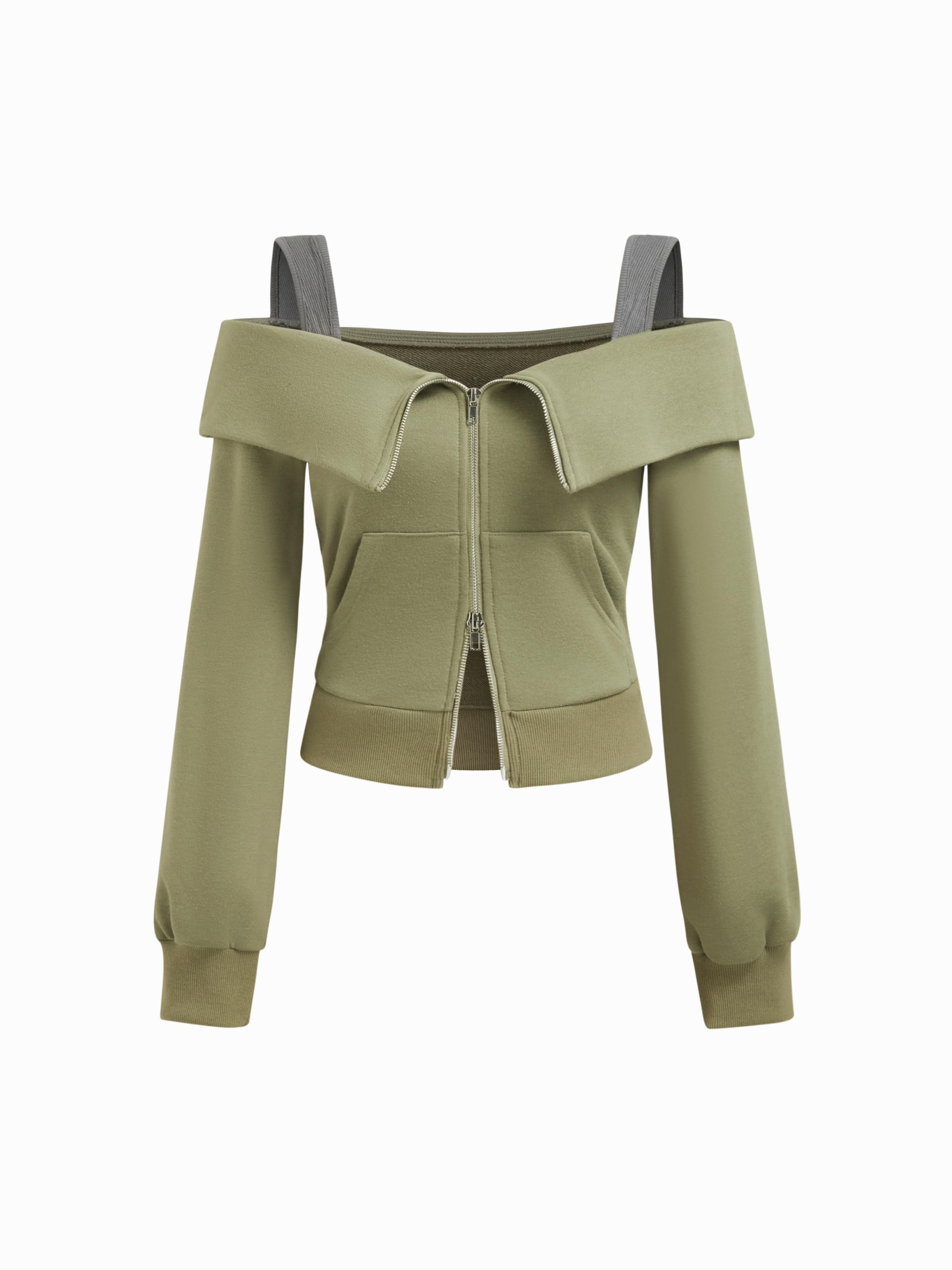 Terry Off-shoulder Zip Through Long Sleeve Two Tone Sweatshirt by CIDER